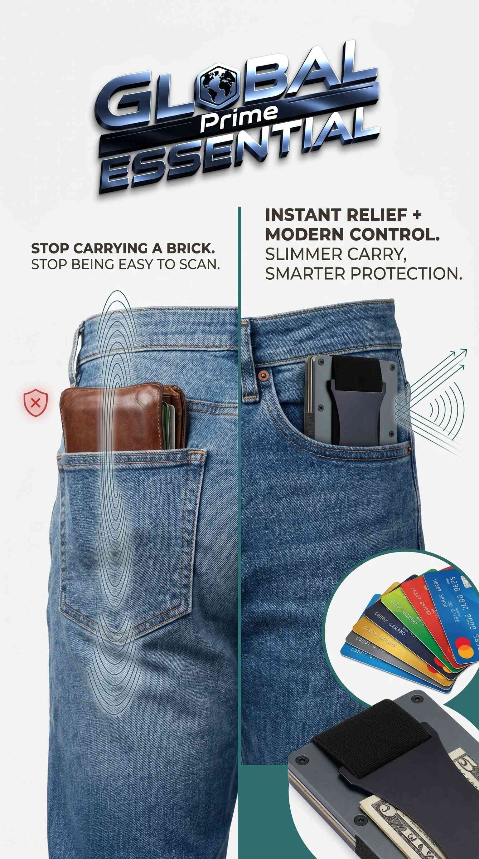 Global Prime Essential minimalist RFID blocking aluminum wallet with slim design, holds 15 cards and cash strap in various colors.
