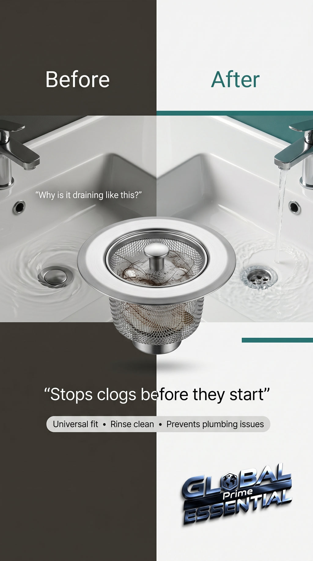 Global Prime Essential bathroom sink drain strainer preventing clogs and catching debris in a modern sink.