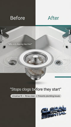Global Prime Essential bathroom sink drain strainer preventing clogs and catching debris in a modern sink.