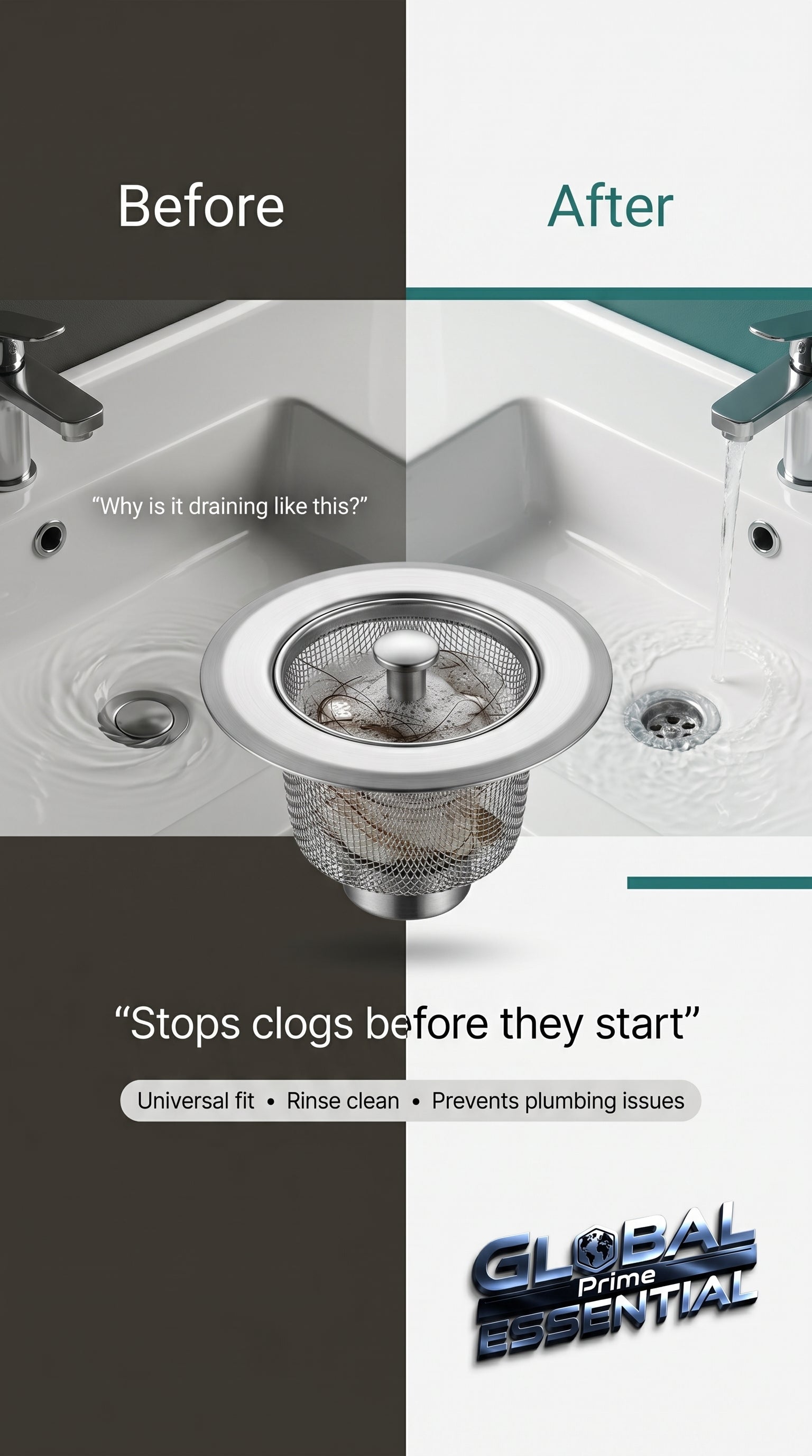 Global Prime Essential bathroom sink drain strainer preventing clogs and catching debris in a modern sink.