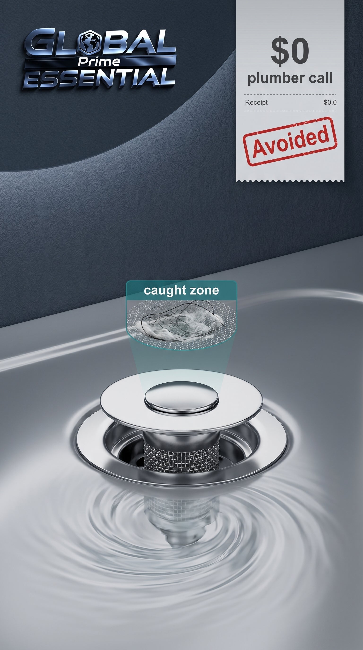 Global Prime Essential bathroom sink drain strainer preventing clogs and protecting drains, shown in a clean bathroom setting.