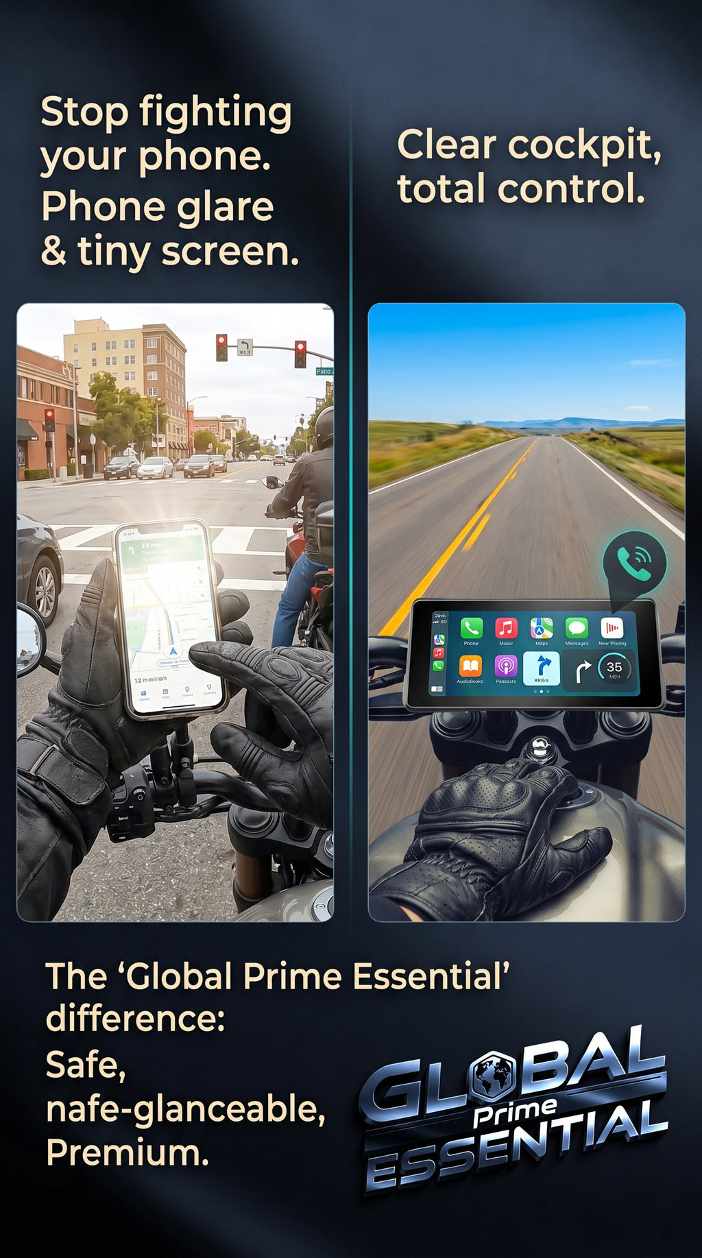 Global Prime Essential 7-inch motorcycle display mounted on handlebar, showing navigation and GPS features for motorcycle accessory use.