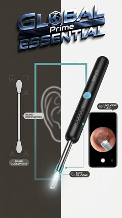 Global Prime Essential smart ear wax remover showing a clear view inside the ear with a built-in light and ergonomic design.