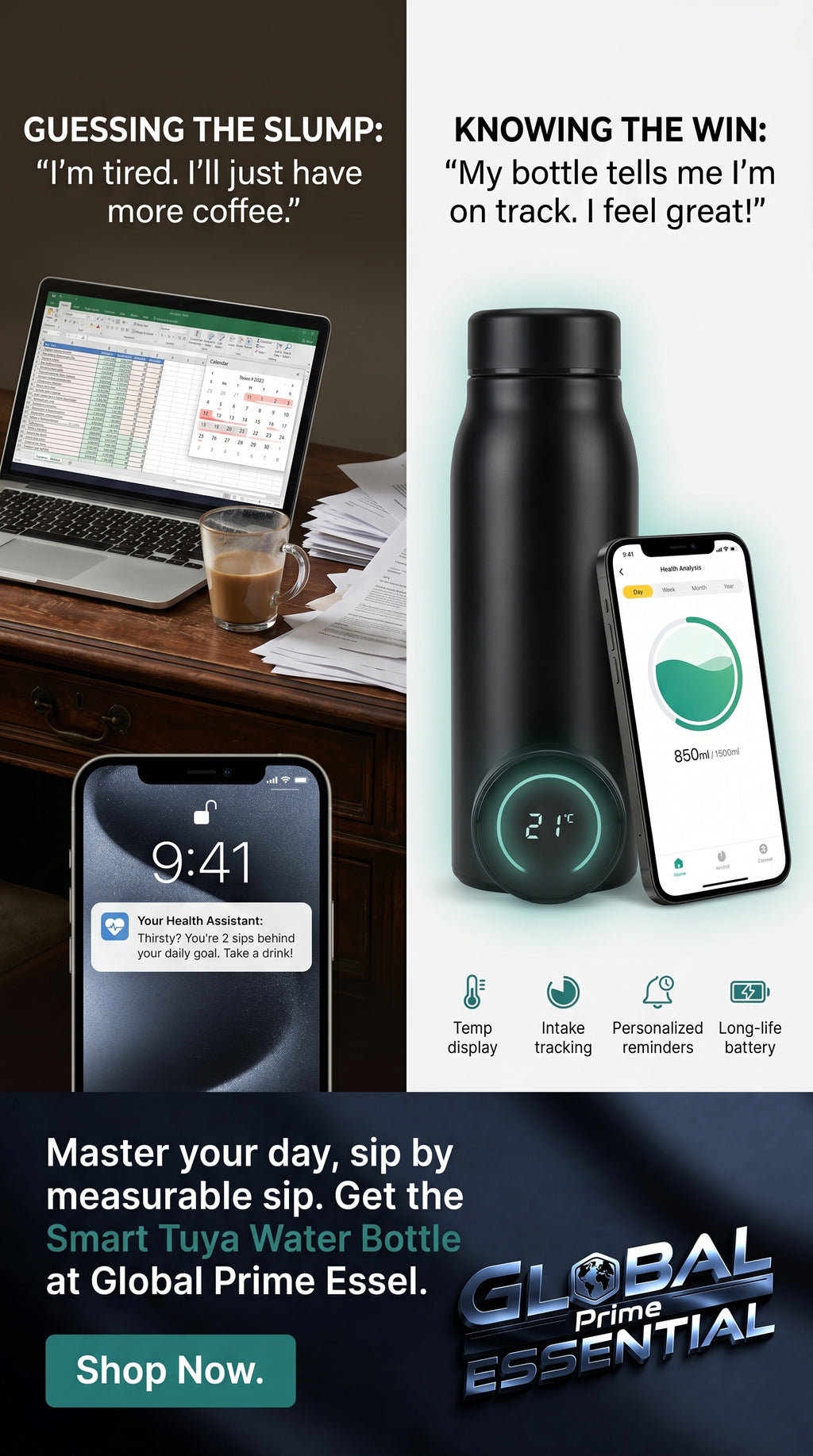 Smart Tuya water bottle by Global Prime Essential with a sleek design and hydration reminder display.