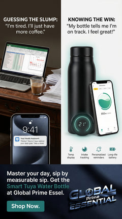 Smart Tuya water bottle by Global Prime Essential with a sleek design and hydration reminder display.