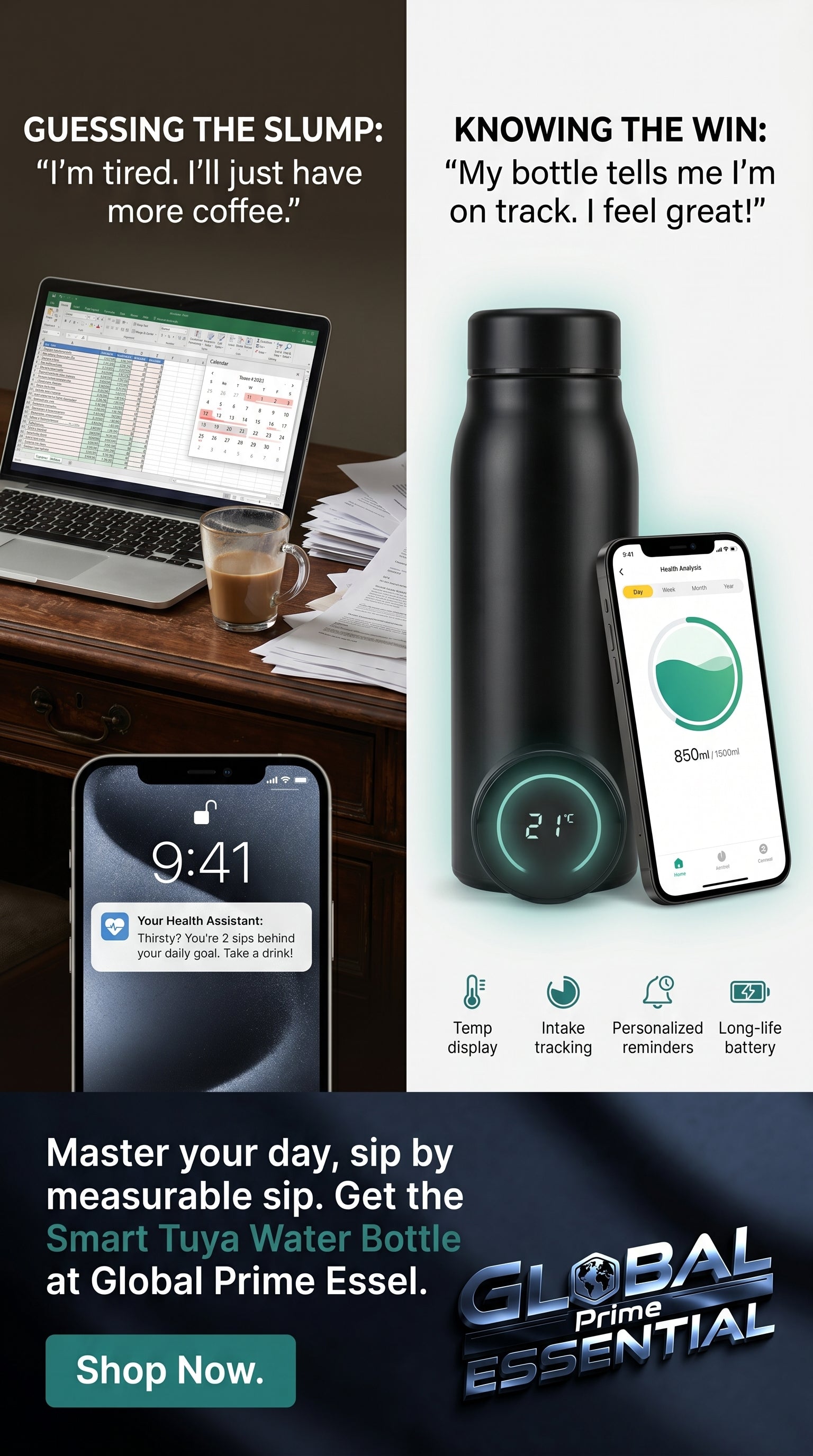 Smart Tuya water bottle by Global Prime Essential with a sleek design and hydration reminder display.