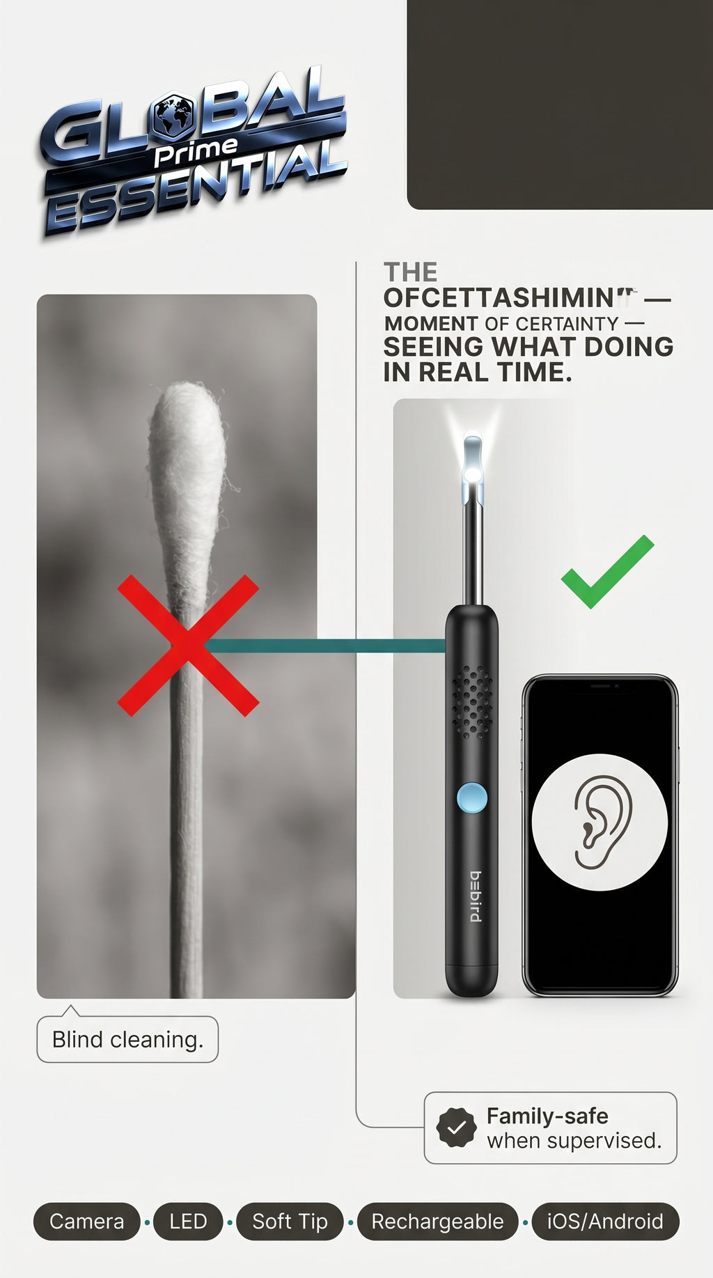 Global Prime Essential smart ear wax remover device with LED light for safe, effective ear cleaning.
