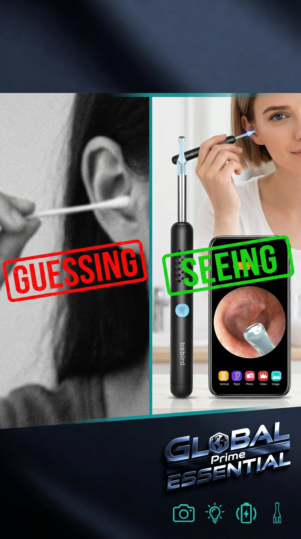 Global Prime Essential Smart Ear Wax Remover device with a sleek design, demonstrating easy ear cleaning in a close-up shot.