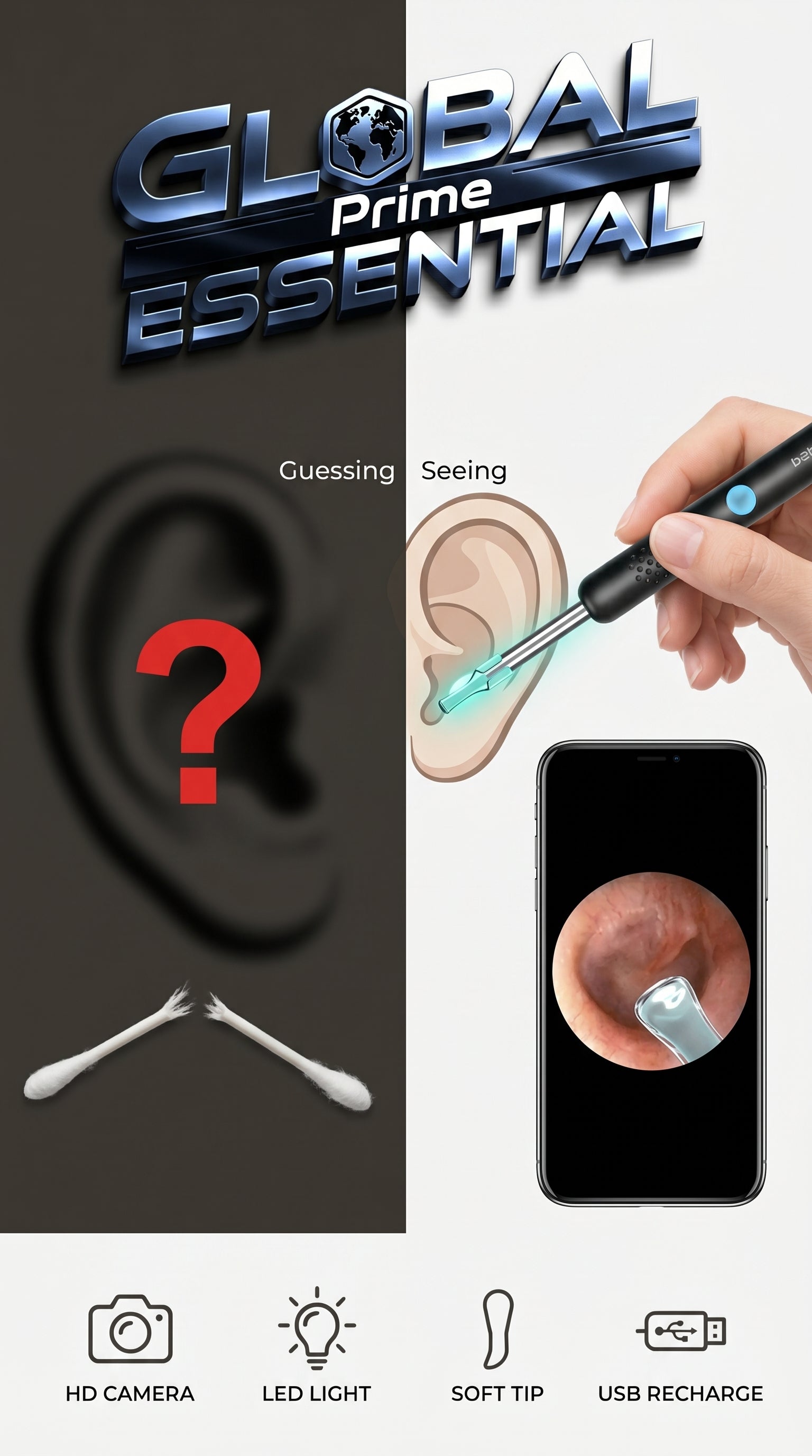 Global Prime Essential Smart Ear Wax Remover tool with LED light for safe, effective ear cleaning and wax removal.