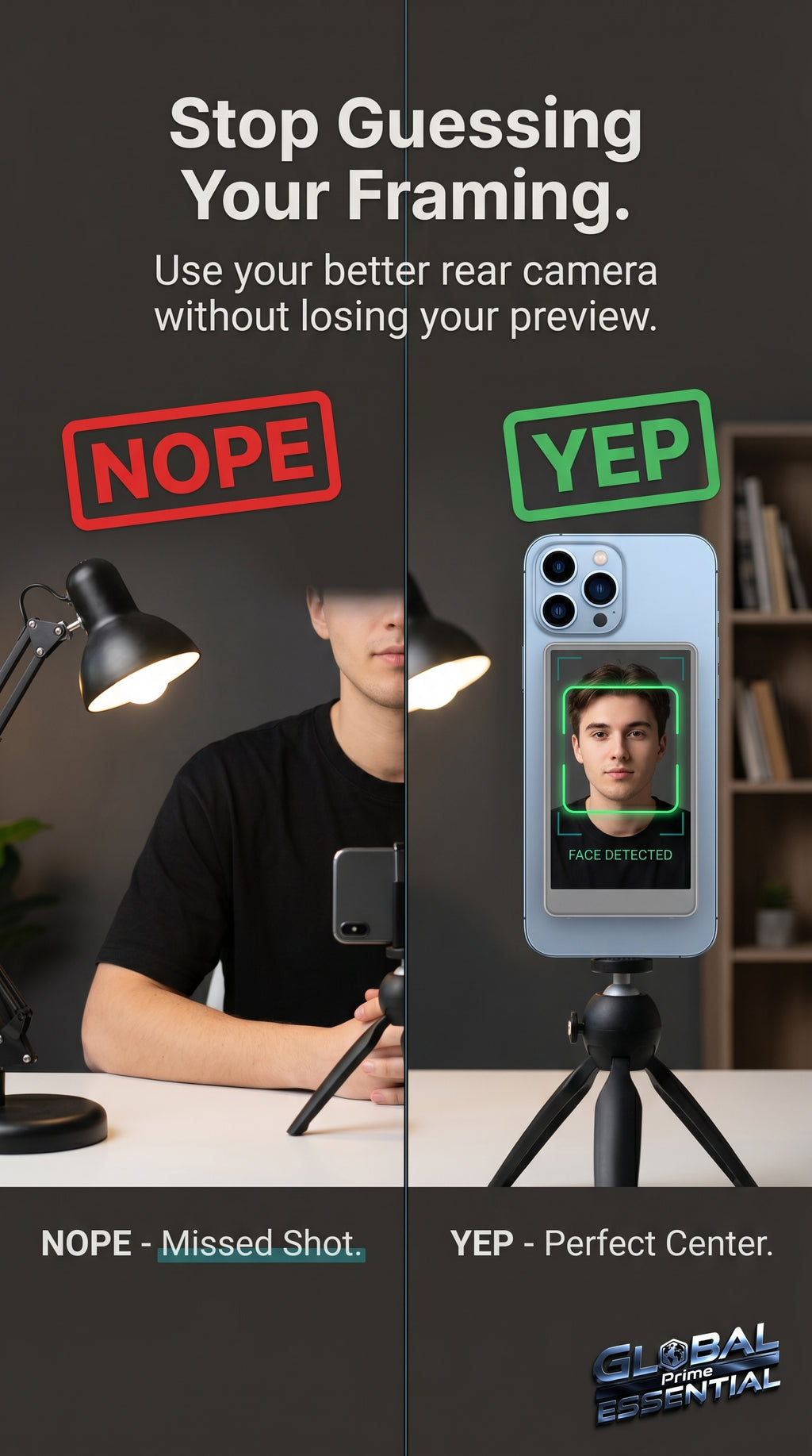 Global Prime Essential Vlog Selfie Monitor Screen for iPhone showing framing and shot composition during video recording.