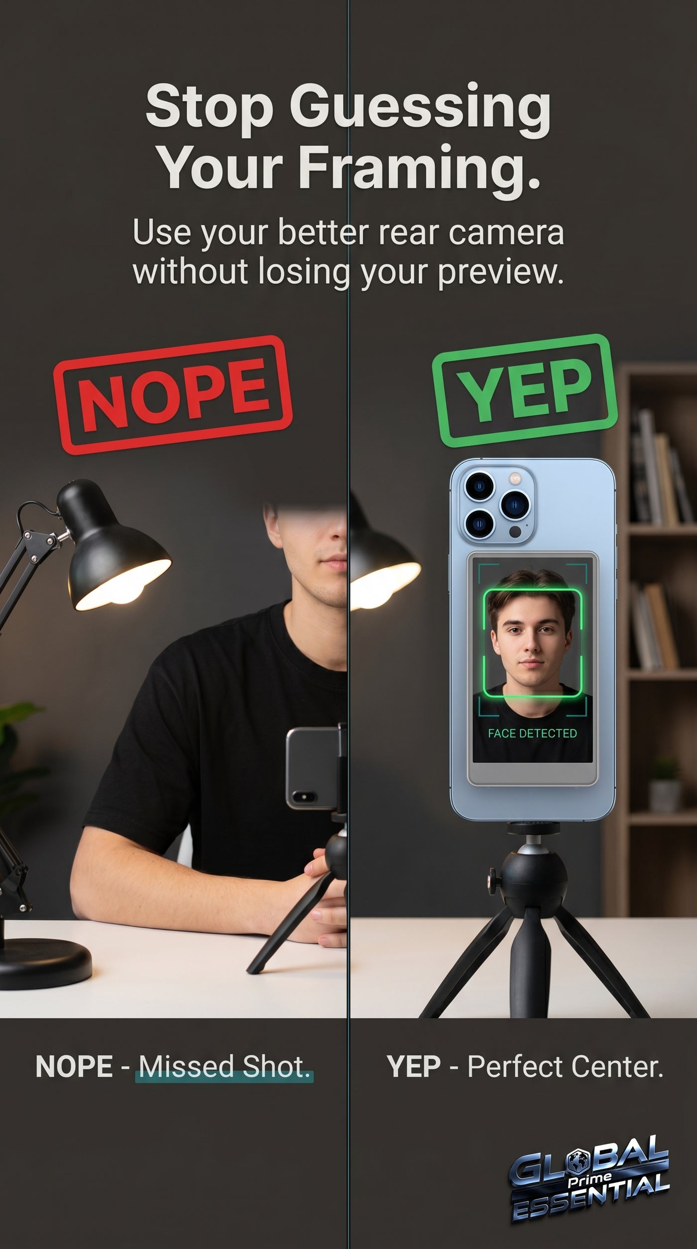 Global Prime Essential Vlog Selfie Monitor Screen for iPhone showing framing and shot composition during video recording.