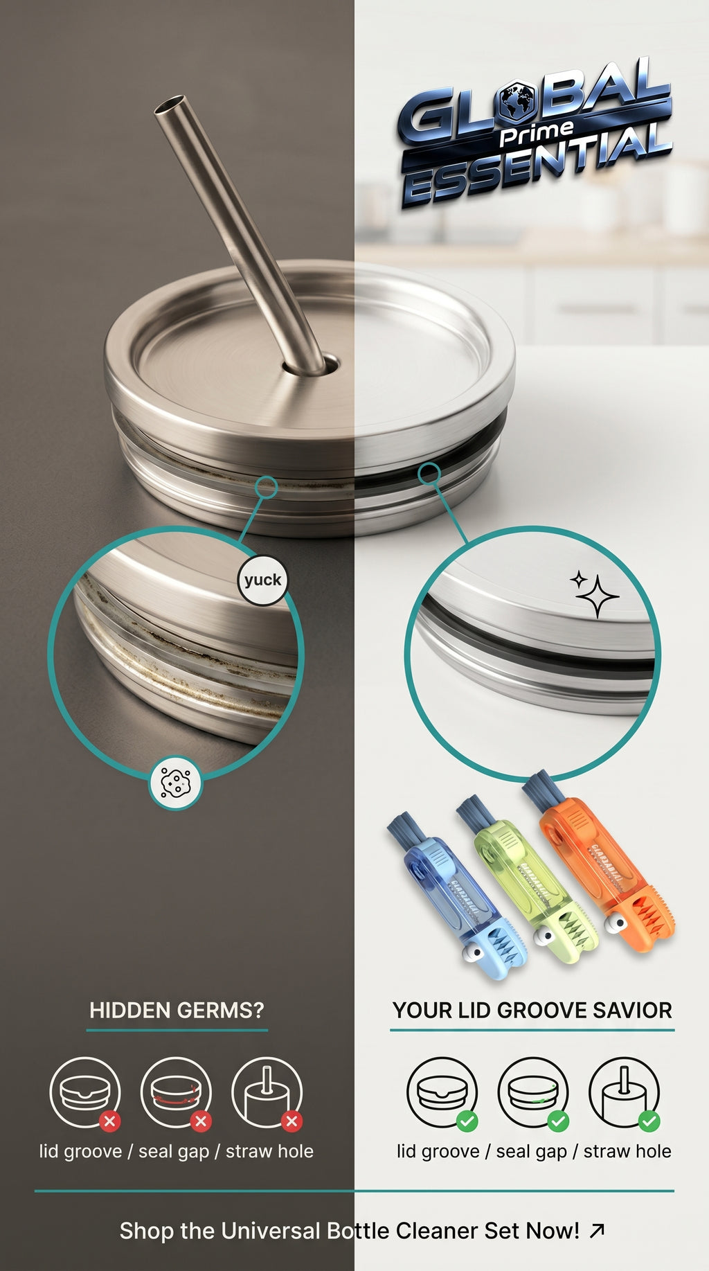 Global Prime Essential 3 in 1 cup lid gap cleaning brush removing hidden grime from bottle tracks and crevices.