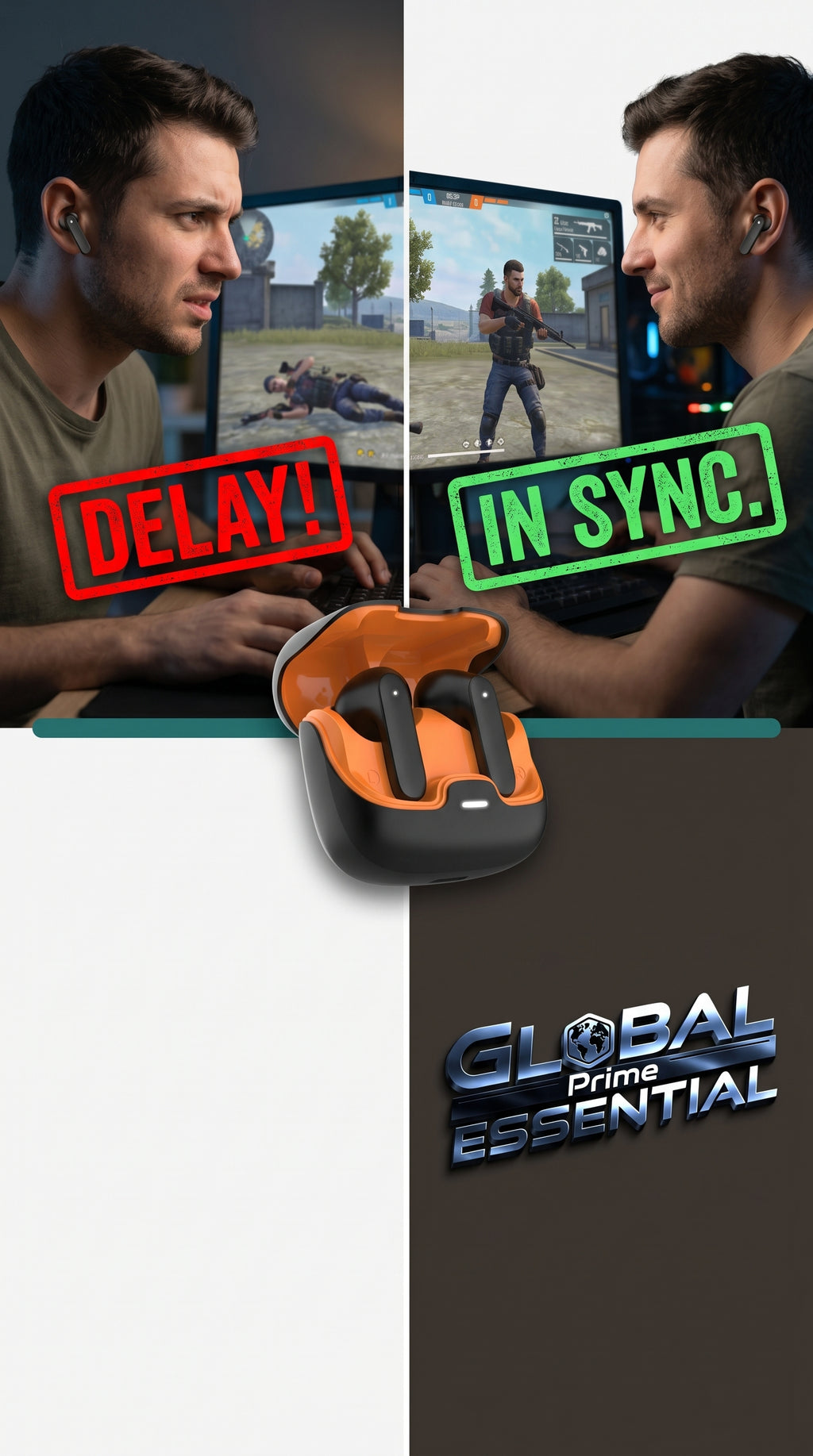 Global Prime Essential TWS Bluetooth earphones with ultra-low latency for seamless, perfect audio and gaming performance.