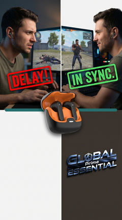 Global Prime Essential TWS Bluetooth earphones with ultra-low latency for seamless, perfect audio and gaming performance.