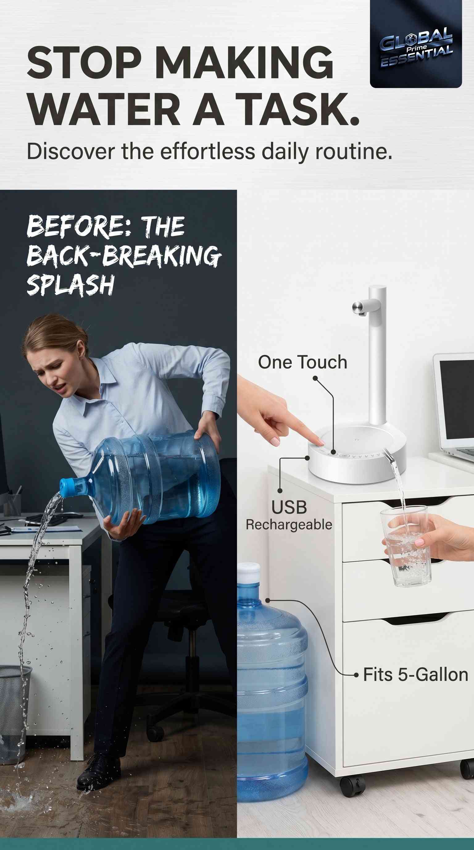 Global Prime Essential electric water dispenser pump fitting 5-gallon bottles, USB rechargeable kitchen gadget for easy water dispensing.