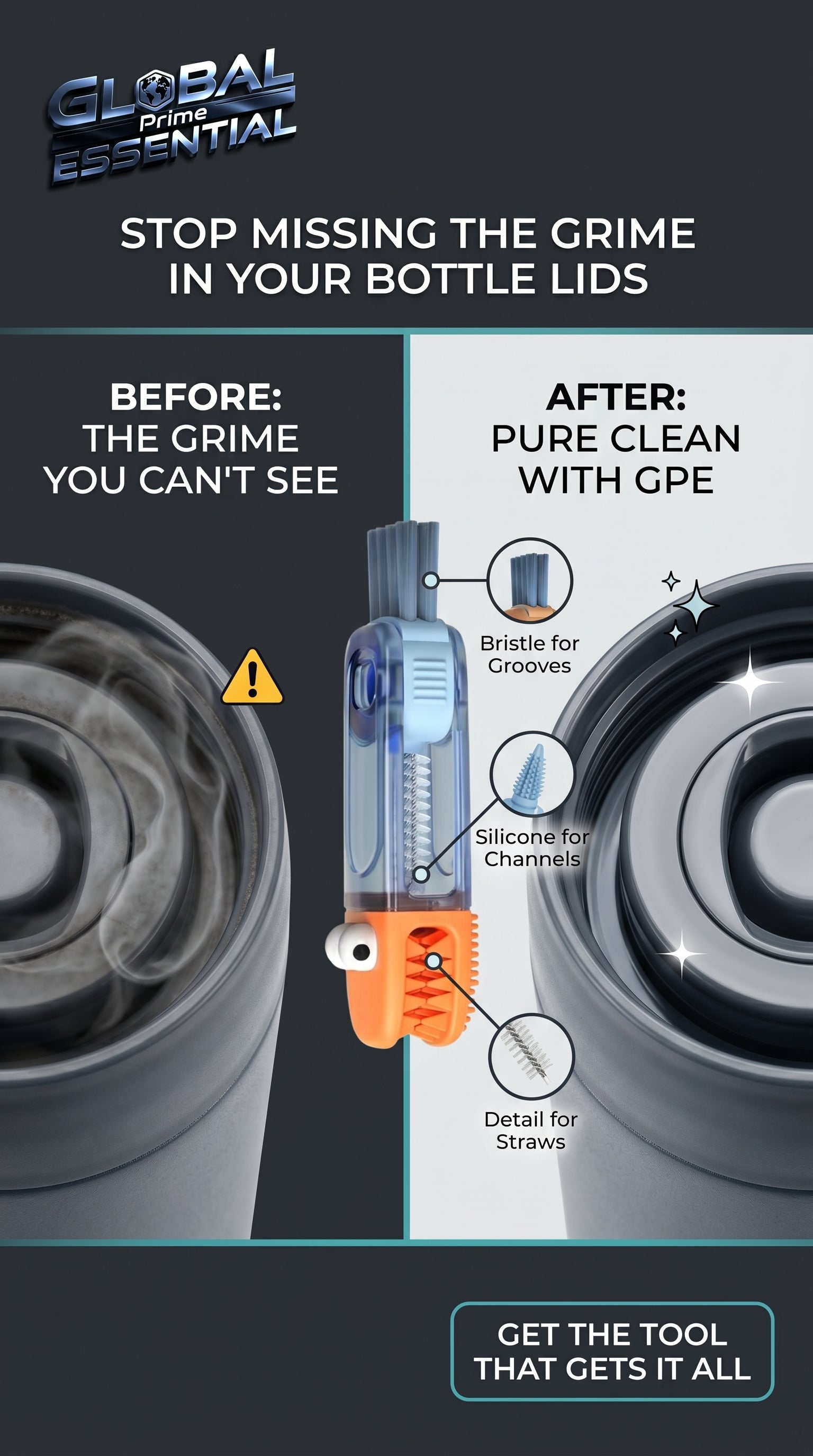 Global Prime Essential 3-in-1 cup lid gap cleaning brush removing hidden grime from bottle lids and narrow spaces.