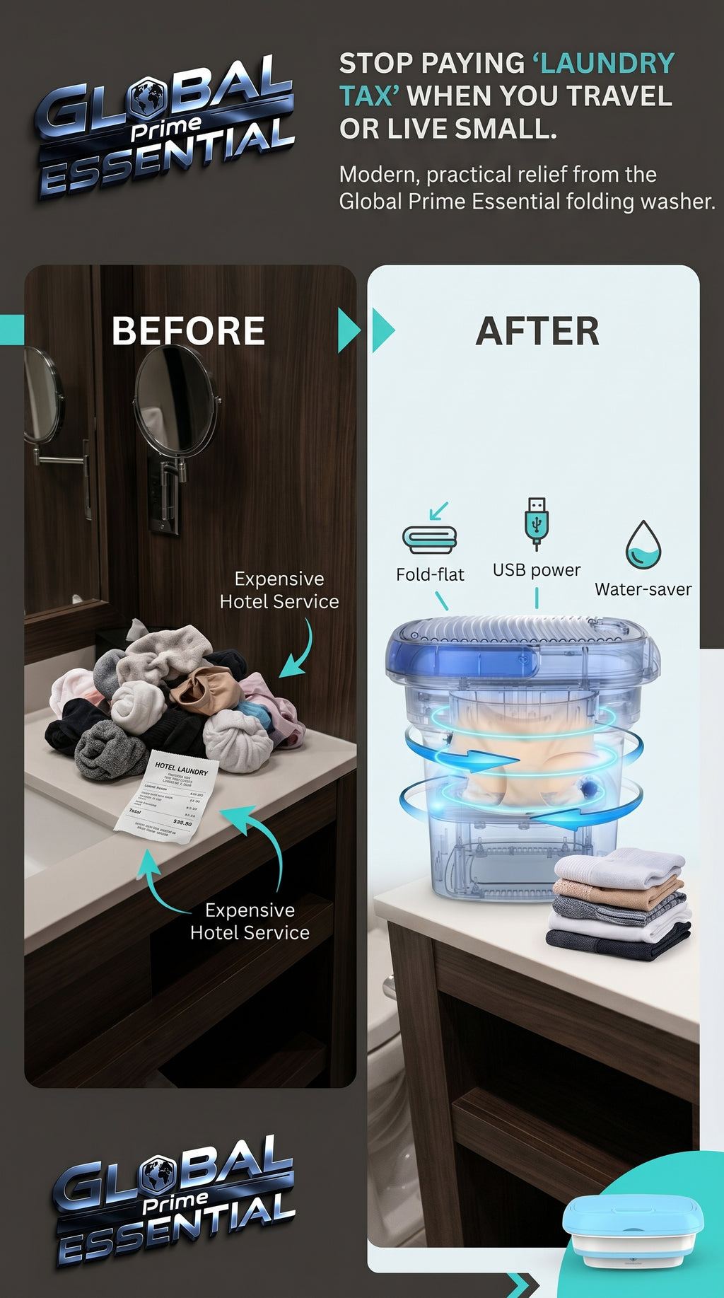 Global Prime Essential folding washing machine compactly folds clothes, ideal for saving space and convenient laundry at home.