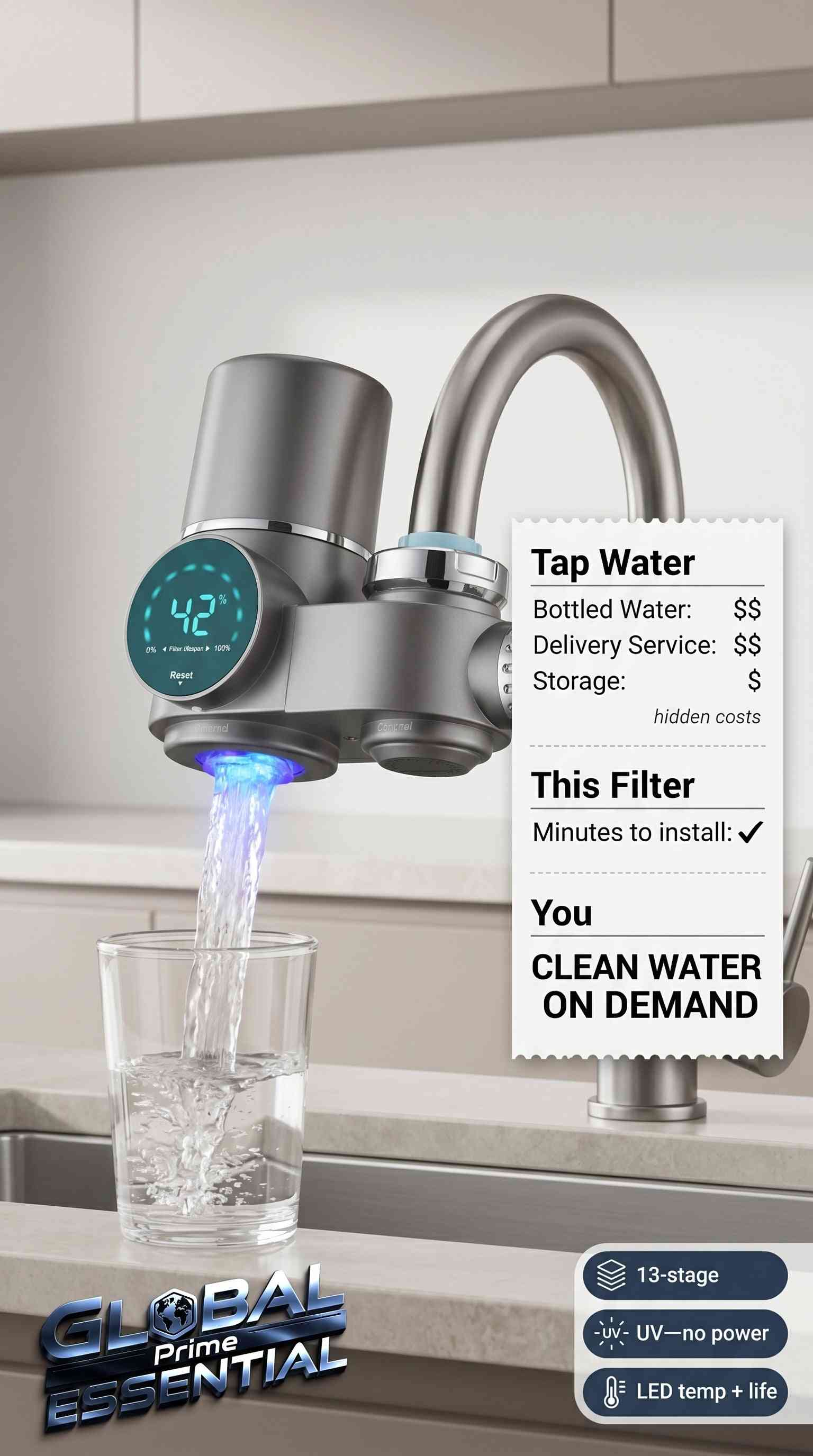 Global Prime Essential sink faucet water filter with 13-stage purification, UV light, and LED display, showing clean water flow.