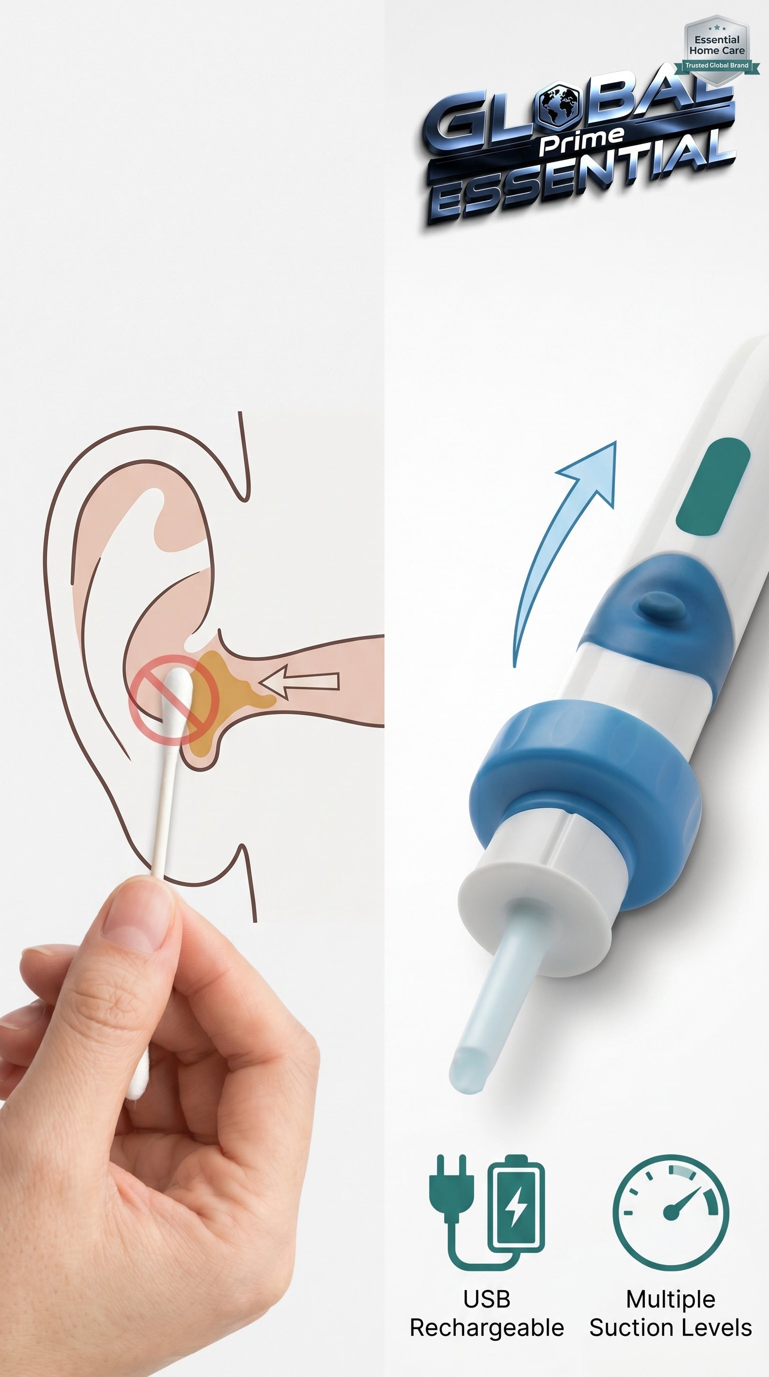 Global Prime Essential electric earwax suction remover device with a user-friendly design for safe ear cleaning.