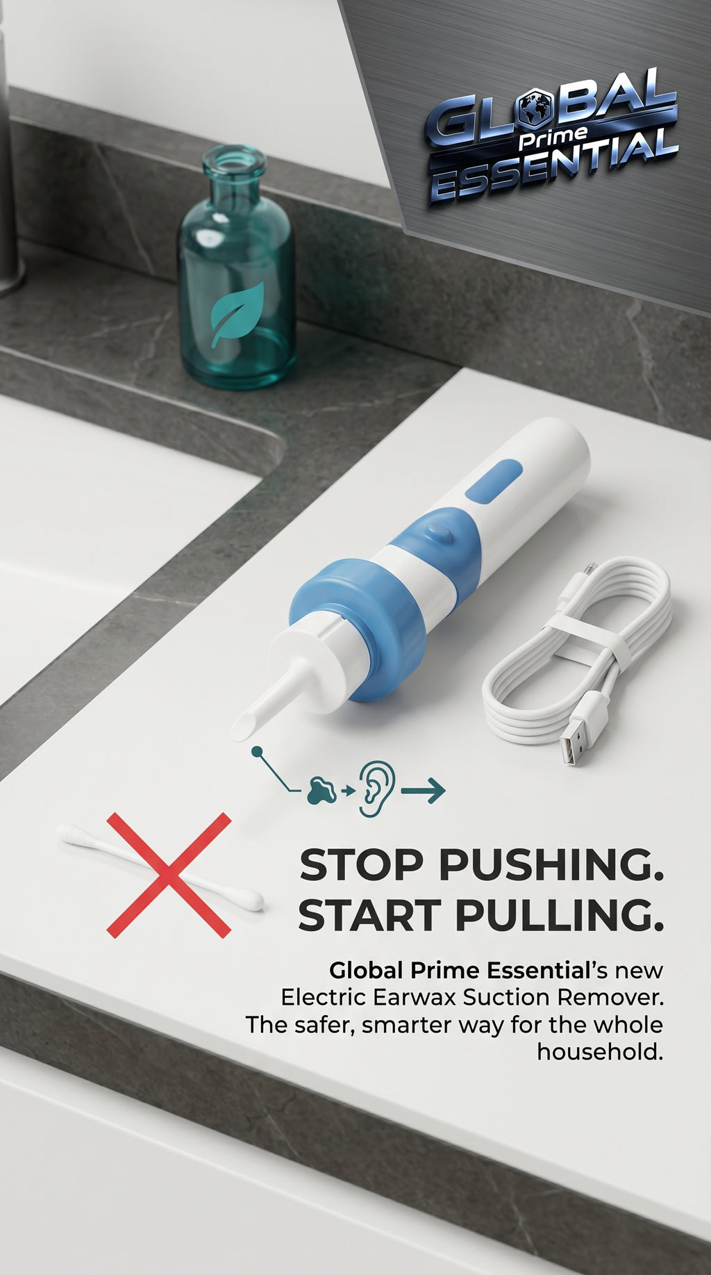 Global Prime Essential electric earwax suction remover with a stop push start pull button for safe, effective ear cleaning.