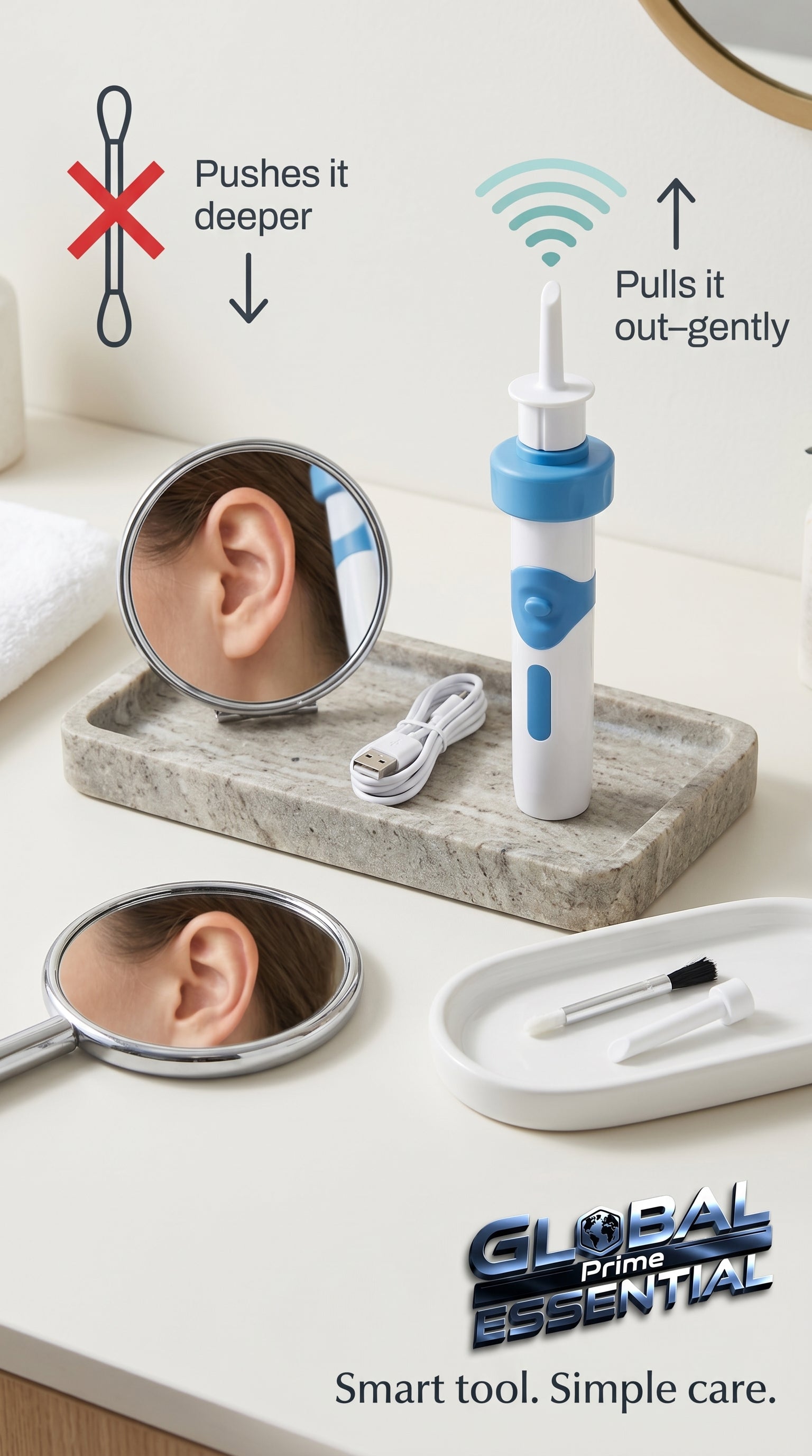 Global Prime Essential electric earwax suction remover device with a gentle start and pull mechanism for safe ear cleaning.