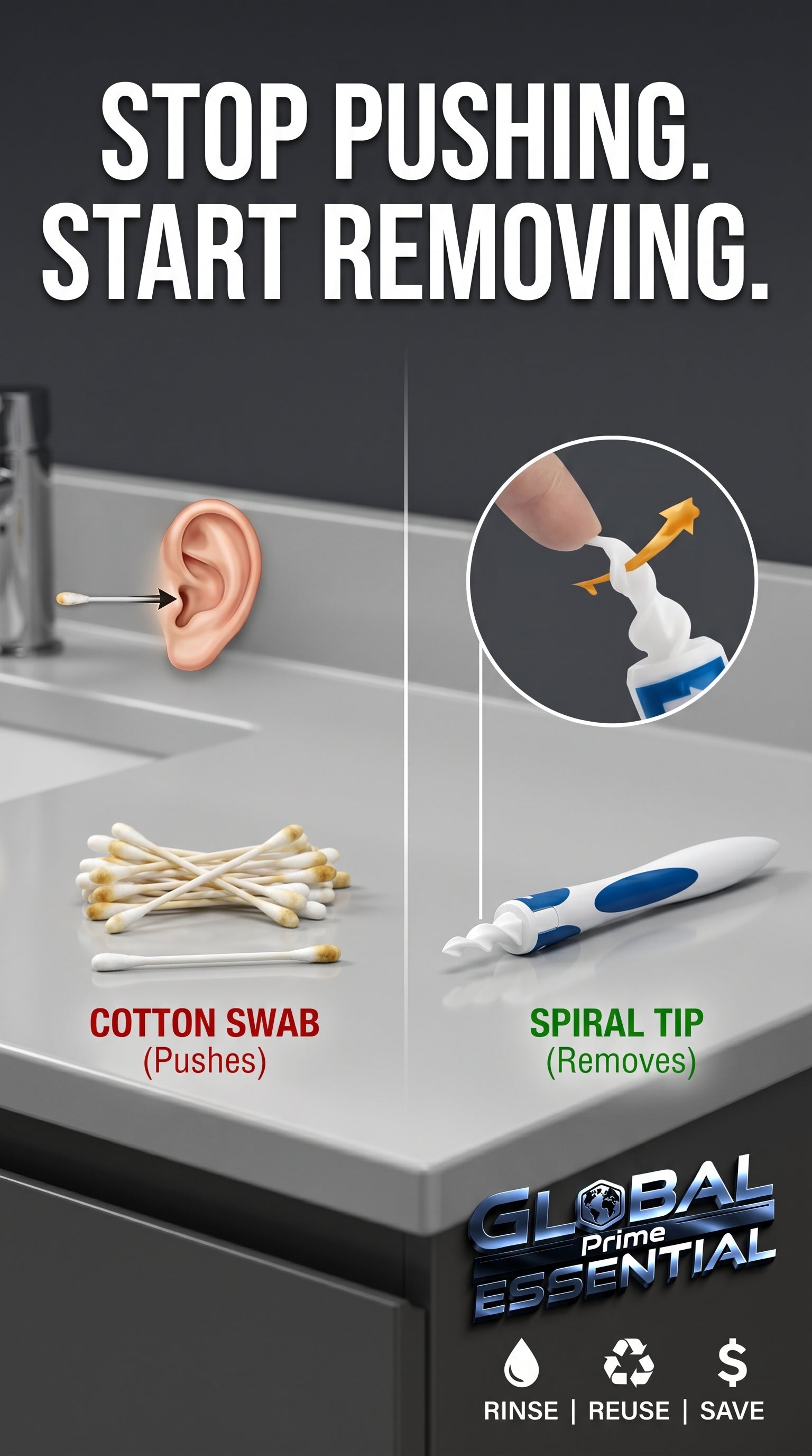 Global Prime Essential silicone ear cleaner with a stop-pushing start-removing feature for gentle ear cleaning.