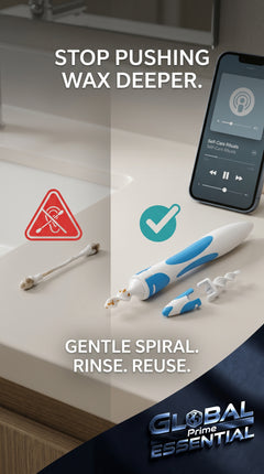 Global Prime Essential silicone ear cleaner showing a safe ear care tool used gently to remove ear wax without pushing it deeper.