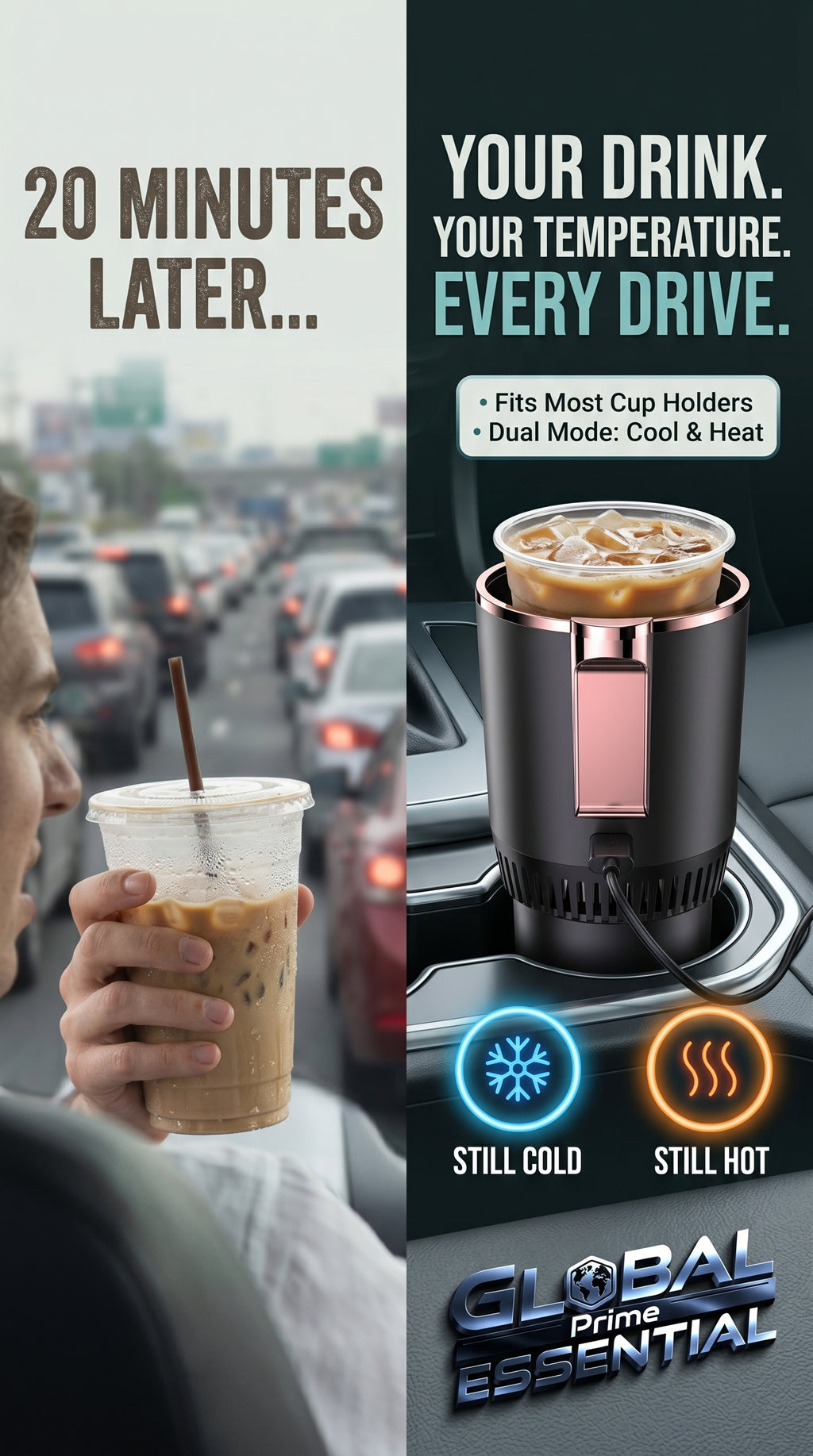 Global Prime Essential car cup holder with cooling and heating features, holding a drink securely in a vehicle.