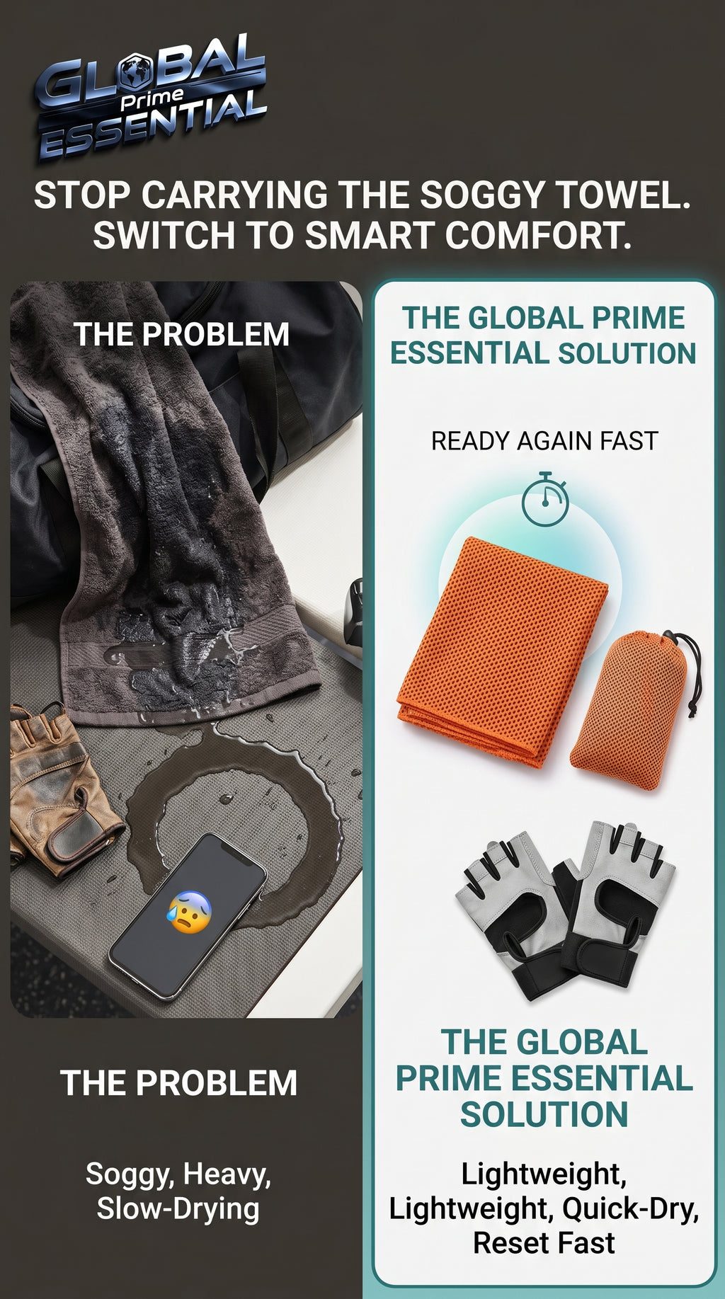 Global Prime Essential quick-dry sports cooling towel shown in use, designed to stay dry and cool during workouts.