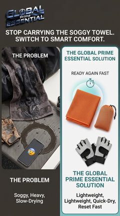 Global Prime Essential quick-dry sports cooling towel shown in use, designed to stay dry and cool during workouts.