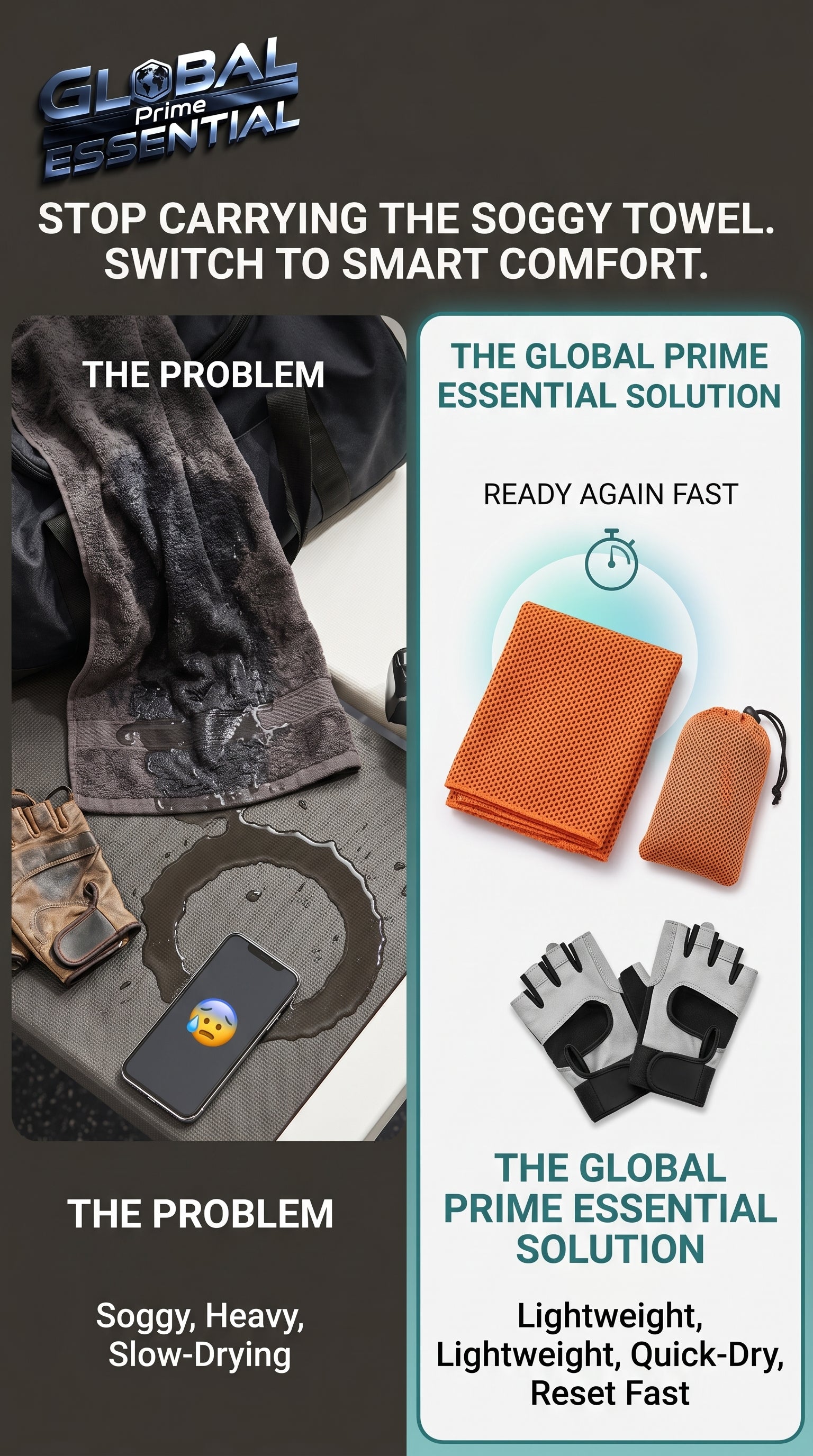 Global Prime Essential quick-dry sports cooling towel shown in use, designed to stay dry and cool during workouts.