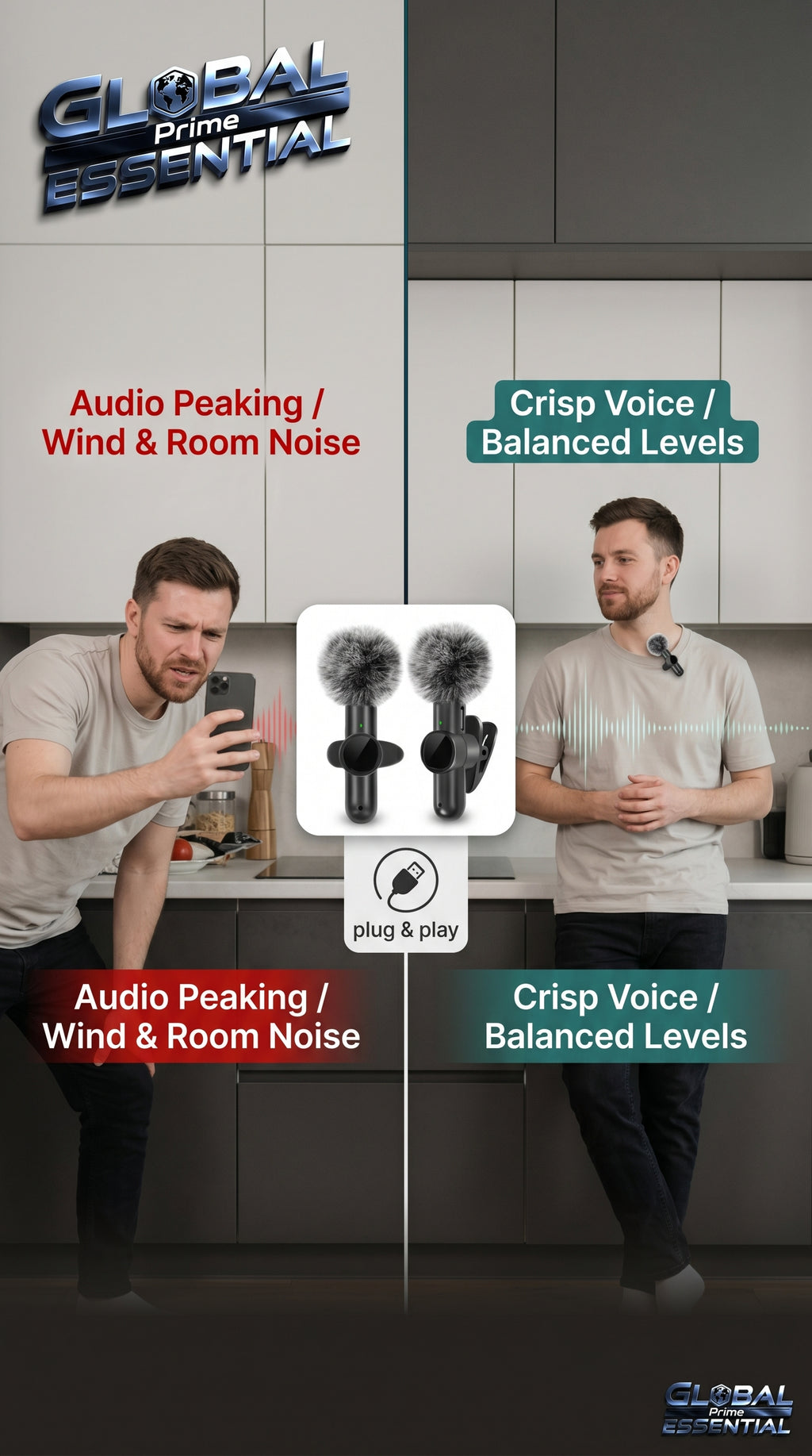 Wireless Lavalier Microphone by Global Prime Essential, shown clipped onto clothing for professional audio recording.
