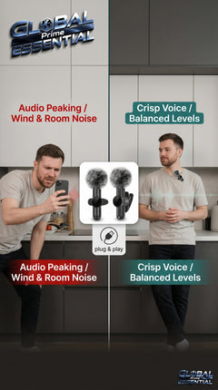 Wireless Lavalier Microphone by Global Prime Essential, shown clipped onto clothing for professional audio recording.