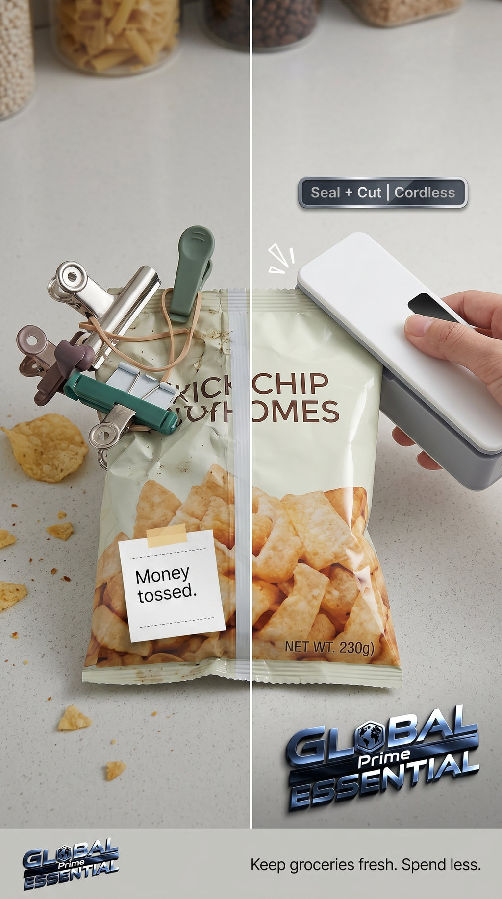 Global Prime Essential kitchen bag sealer sealing a snack bag to keep snacks fresh and prevent stale snacks