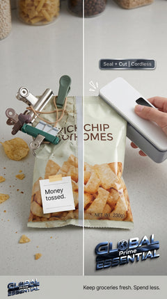 Global Prime Essential kitchen bag sealer sealing a snack bag to keep snacks fresh and prevent stale snacks