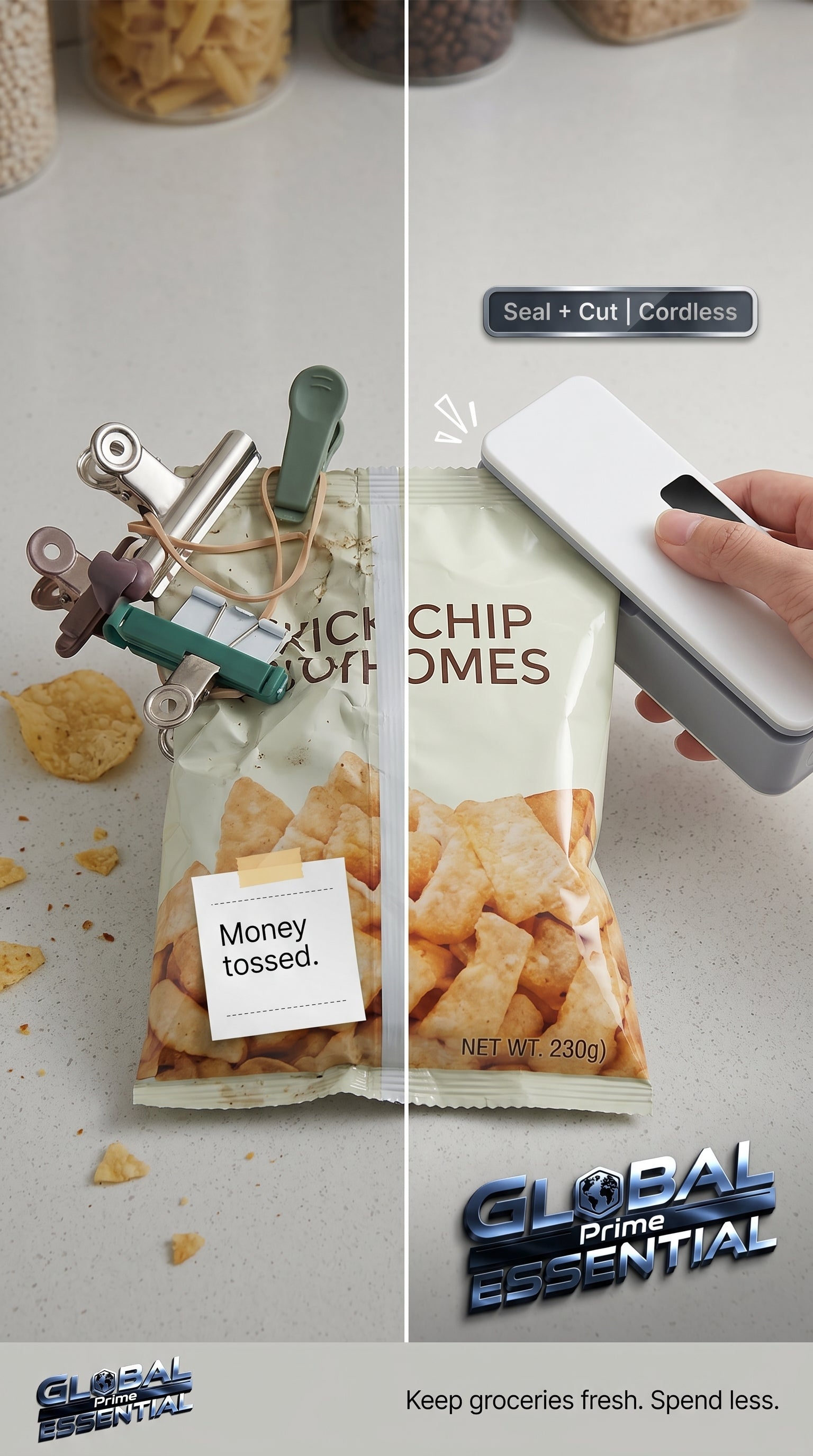 Global Prime Essential kitchen bag sealer sealing a snack bag to keep snacks fresh and prevent stale snacks