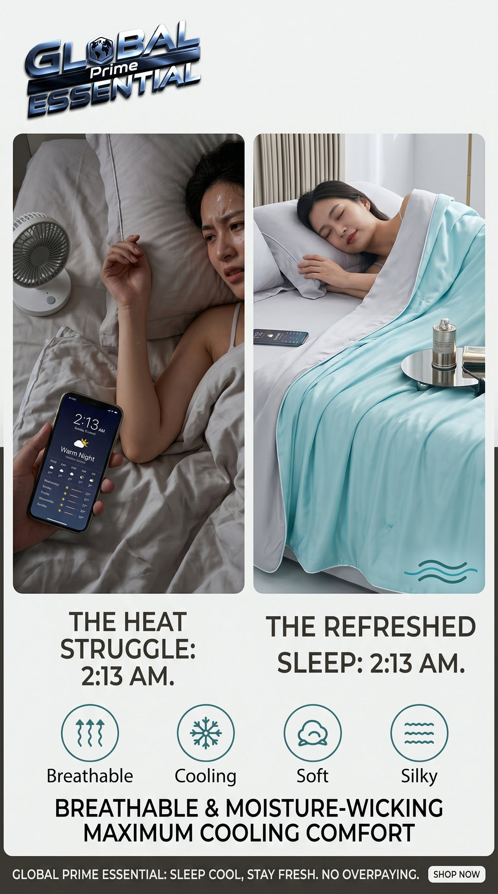 Global Prime Essential cooling blanket designed to help stop sweating and keep you cool while sleeping tonight.
