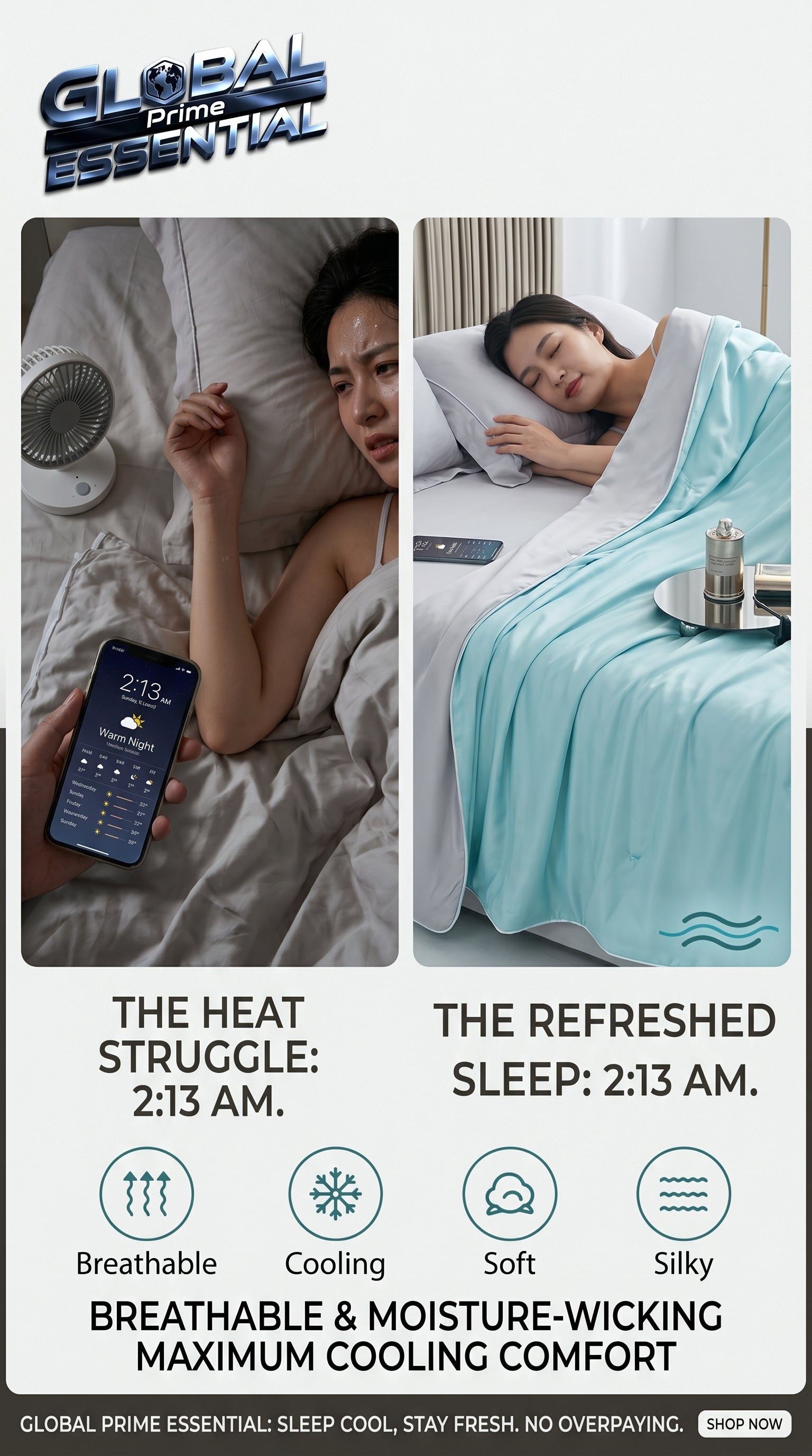 Global Prime Essential cooling blanket designed to help stop sweating and keep you cool while sleeping tonight.