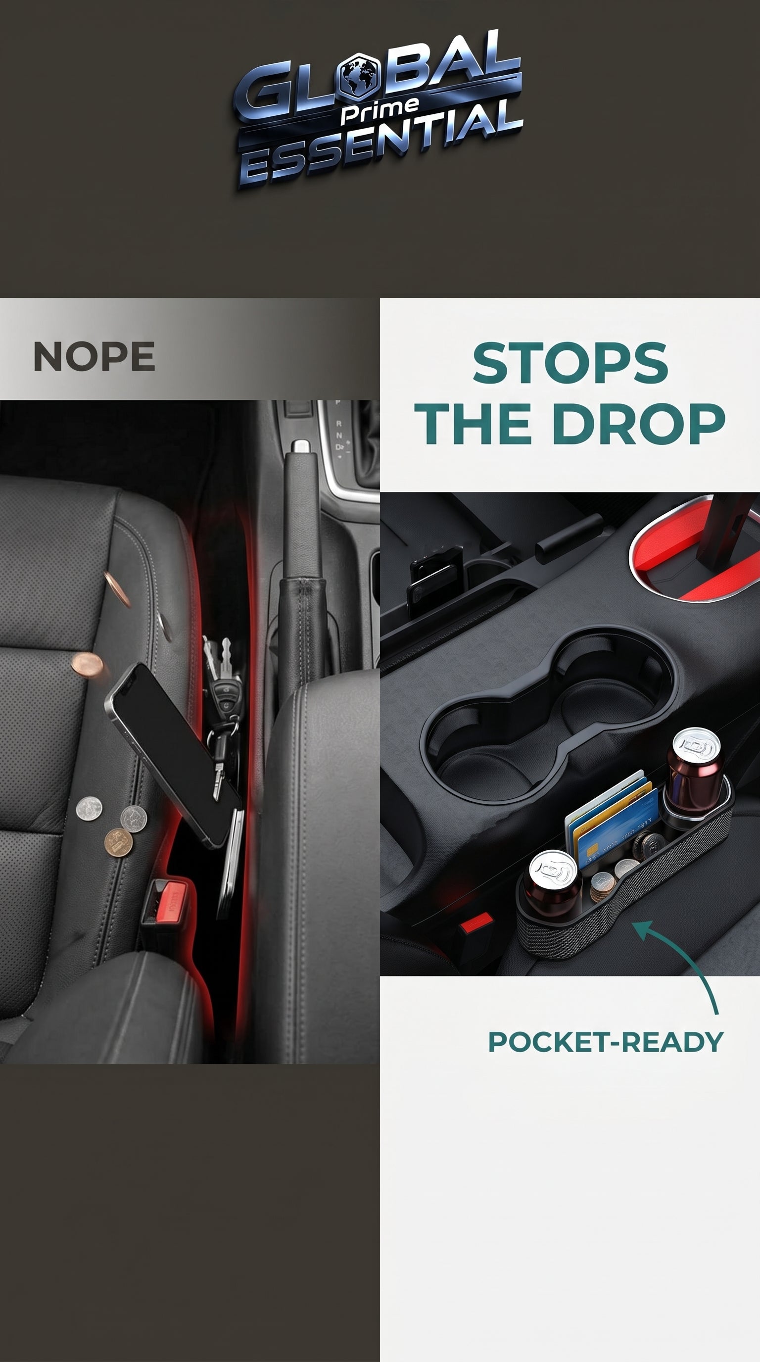 Global Prime Essential car seat gap organizer filling the space between car seats to prevent items from falling.
