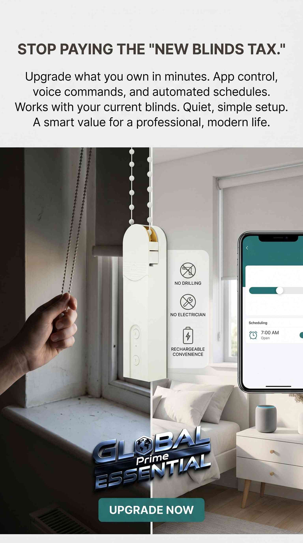 Global Prime Essential smart roller blinds motor with WiFi, Alexa, Google Home compatibility, app and voice control for automated window shading.