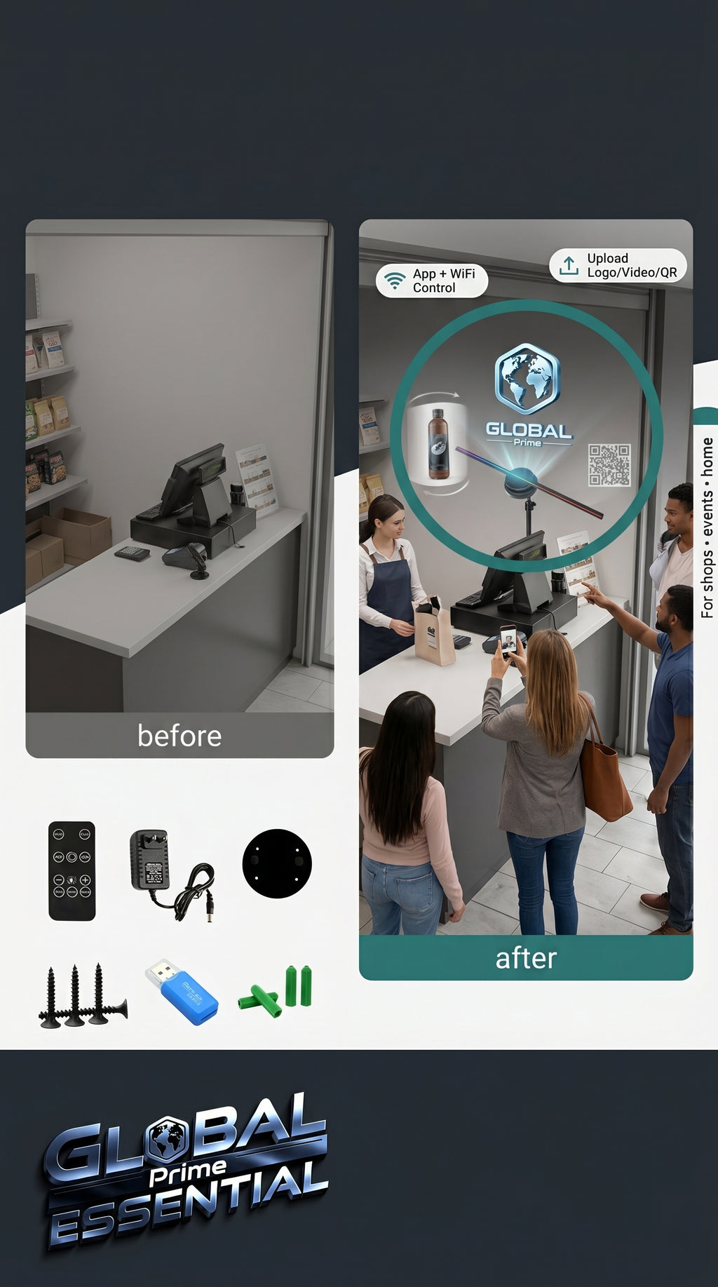 3D hologram fan displaying a floating image, ideal for shops, events, and home use by Global Prime Essential.