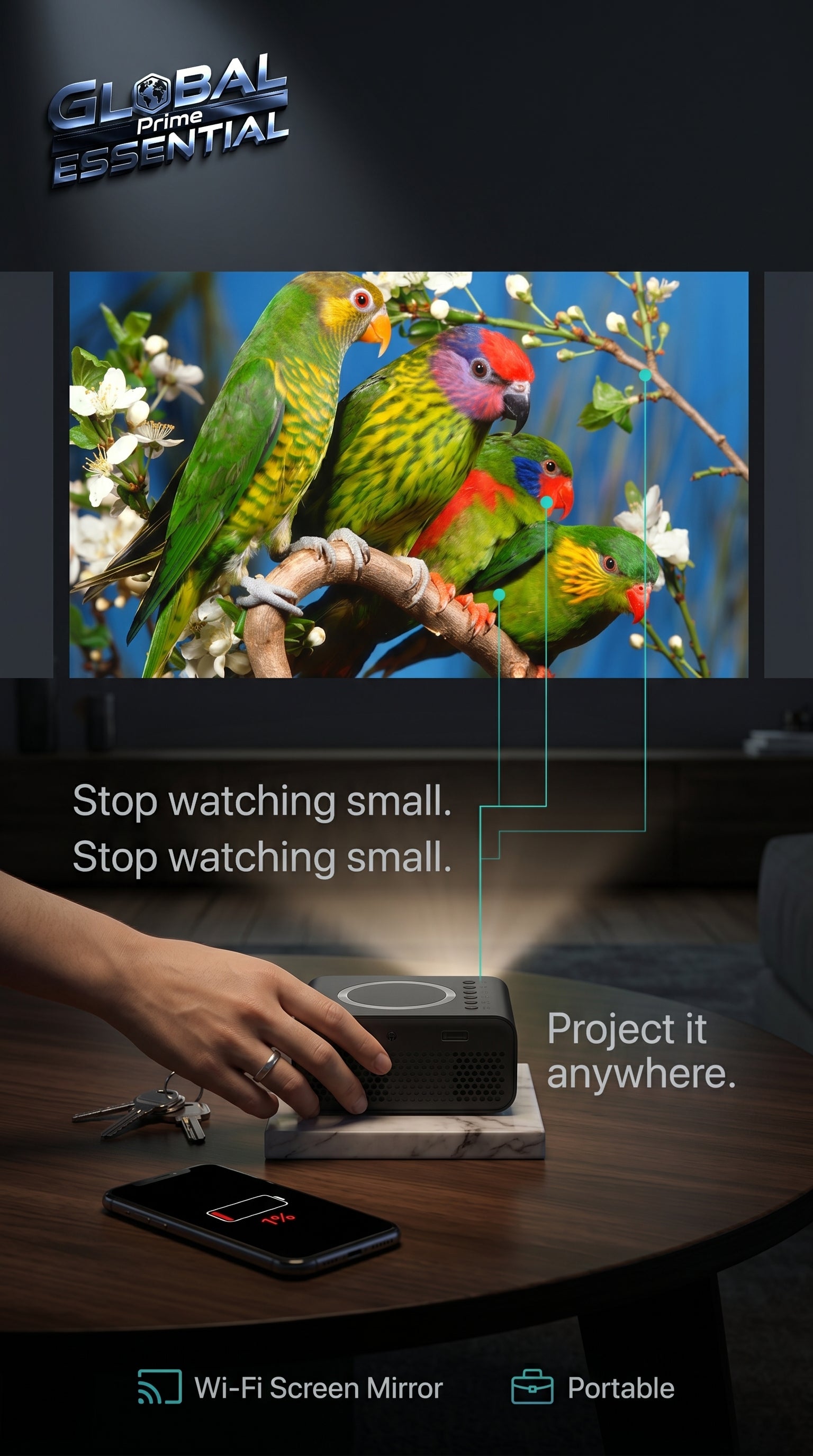 Mini LED wireless projector by Global Prime Essential displaying a large image on a wall in a home theater setting.
