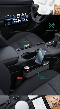 Global Prime Essential car seat gap organizer and filler preventing drops and keeping essentials within reach in vehicle.