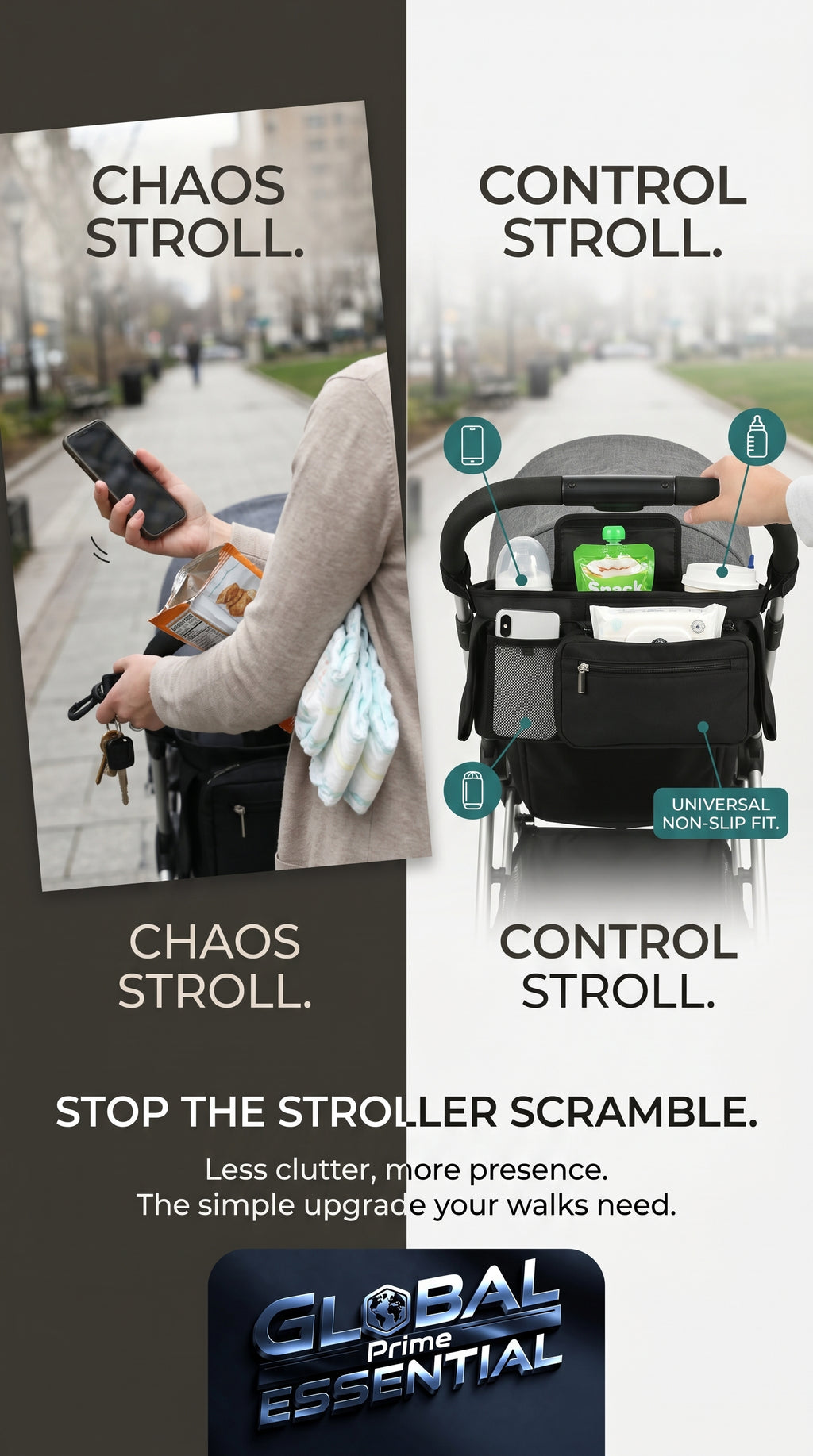 Global Prime Essential baby stroller manager with non-slip strap, designed to secure and control the stroller easily.