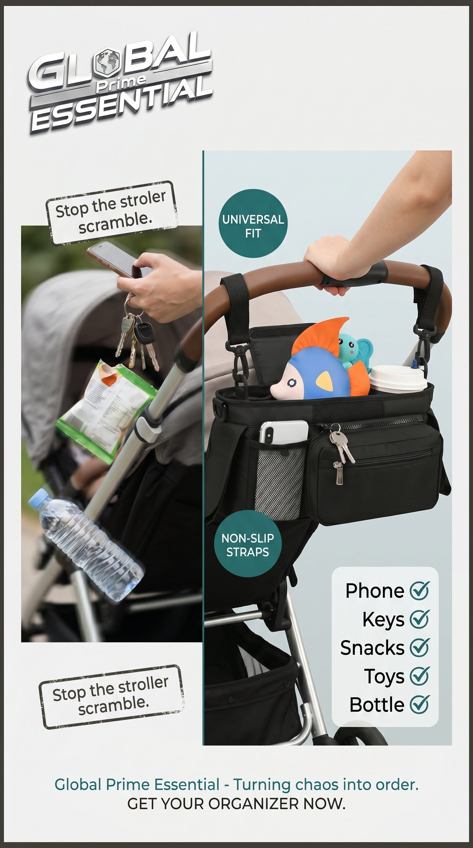 Global Prime Essential baby stroller manager with non-slip strap secures strollers and prevents slipping or scrambling.