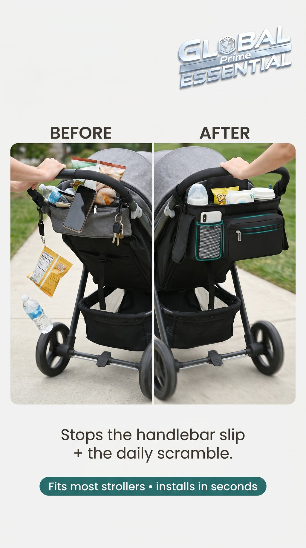 Global Prime Essential baby stroller manager with non-slip strap, designed to secure and control the stroller easily.