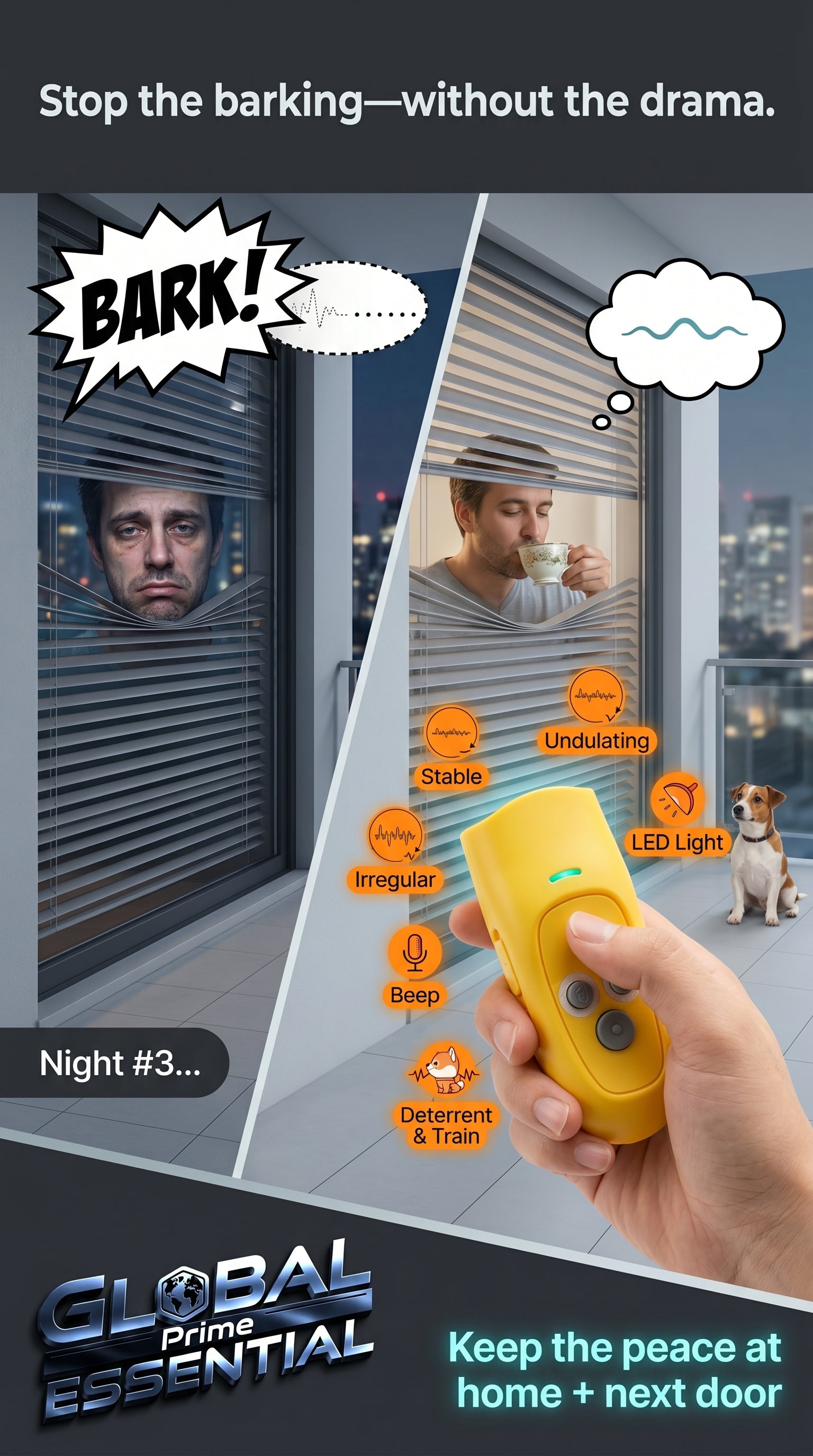 Global Prime Essential ultrasonic dog barking device emitting high-frequency sound to stop barking without drama.