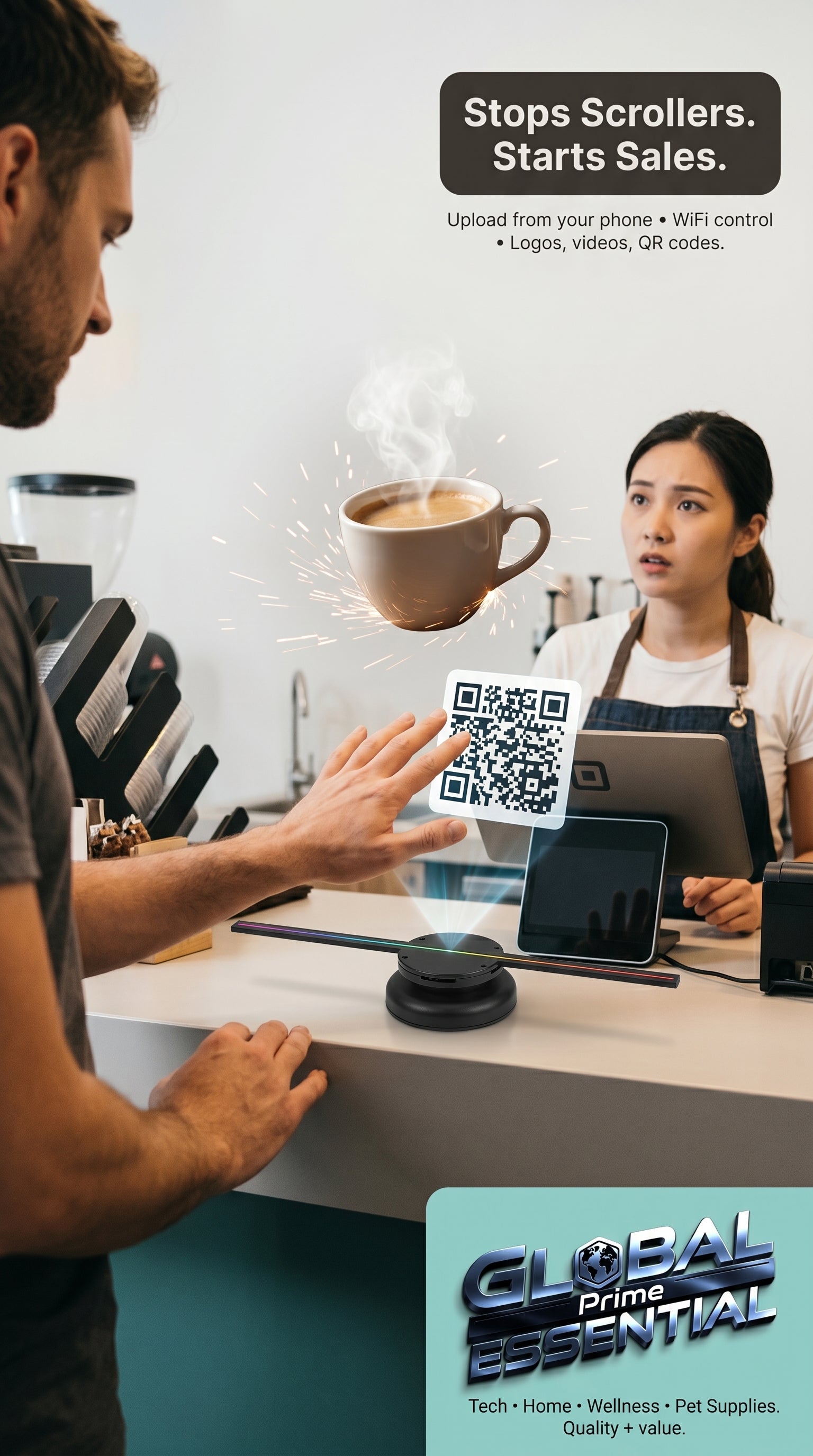 3D hologram fan displaying floating promotional visuals, ideal for shops, events, and home use by Global Prime Essential.
