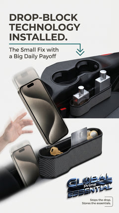 Global Prime Essential car seat gap organizer and filler preventing items from falling between seats, with multiple compartments for storage.