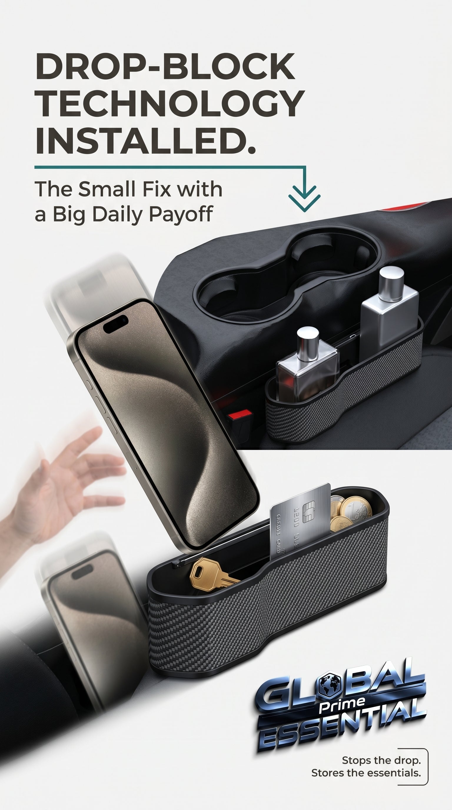 Global Prime Essential car seat gap organizer and filler preventing items from falling between seats, with multiple compartments for storage.